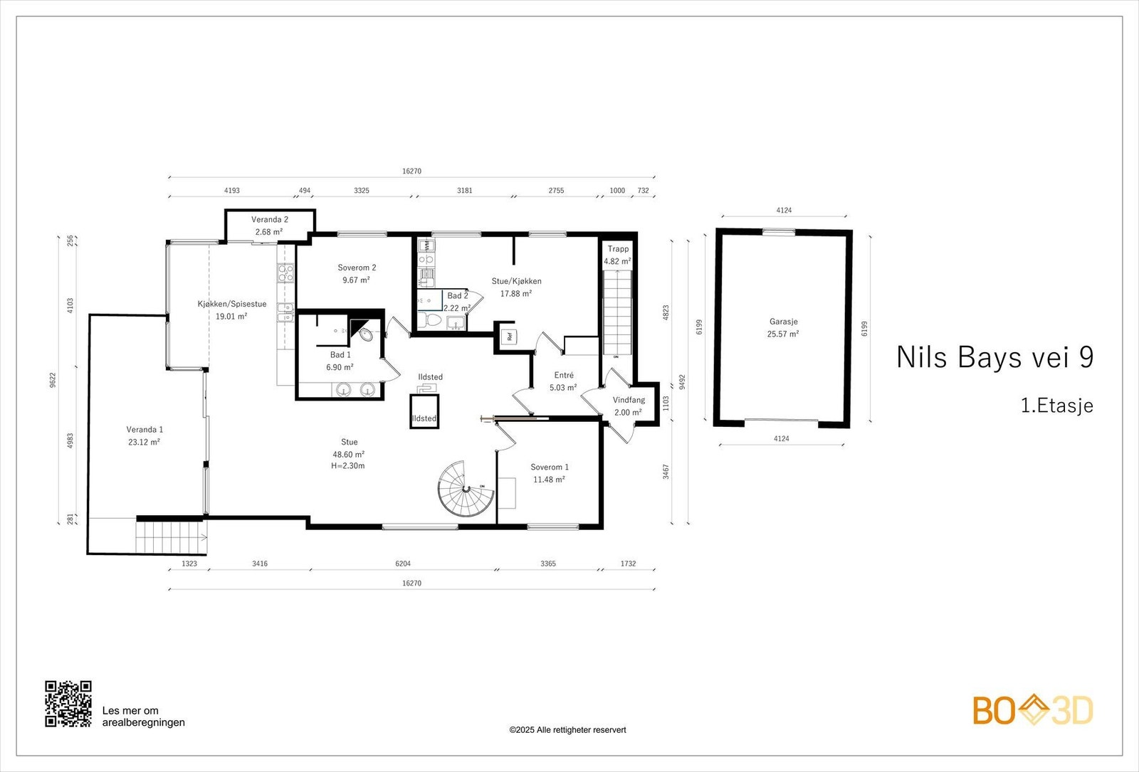 Planskisse: 1.etg på 138 kvm består av vindfang, entré, hall, stue m/ utg terrasse, kjøkken/spisestue m/ utg balkong, 3 soverom og familiebad. Ett av soverommene har inngang fra lukket entré og er innredet som hybel m/ eget kjøkken og bad (skattefri leiei Galleribilde