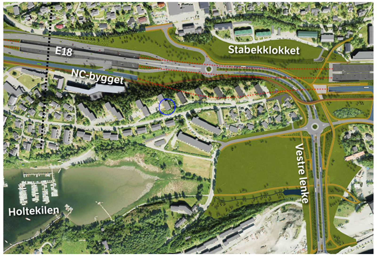 Illustrasjon av hvordan nye E18 med tunell under Stabekklokket vil se ut når prosjektet er ferdig. Den blå sirkelen viser leilighetens beliggenhet Galleribilde