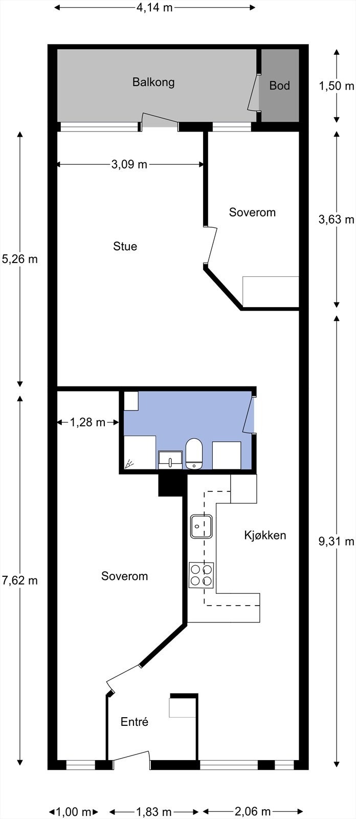 Plantegning fra takstmann. Leiligheten inneholder entré, stue, kjøkken, bad og to soverom. To boder for lagring. Galleribilde