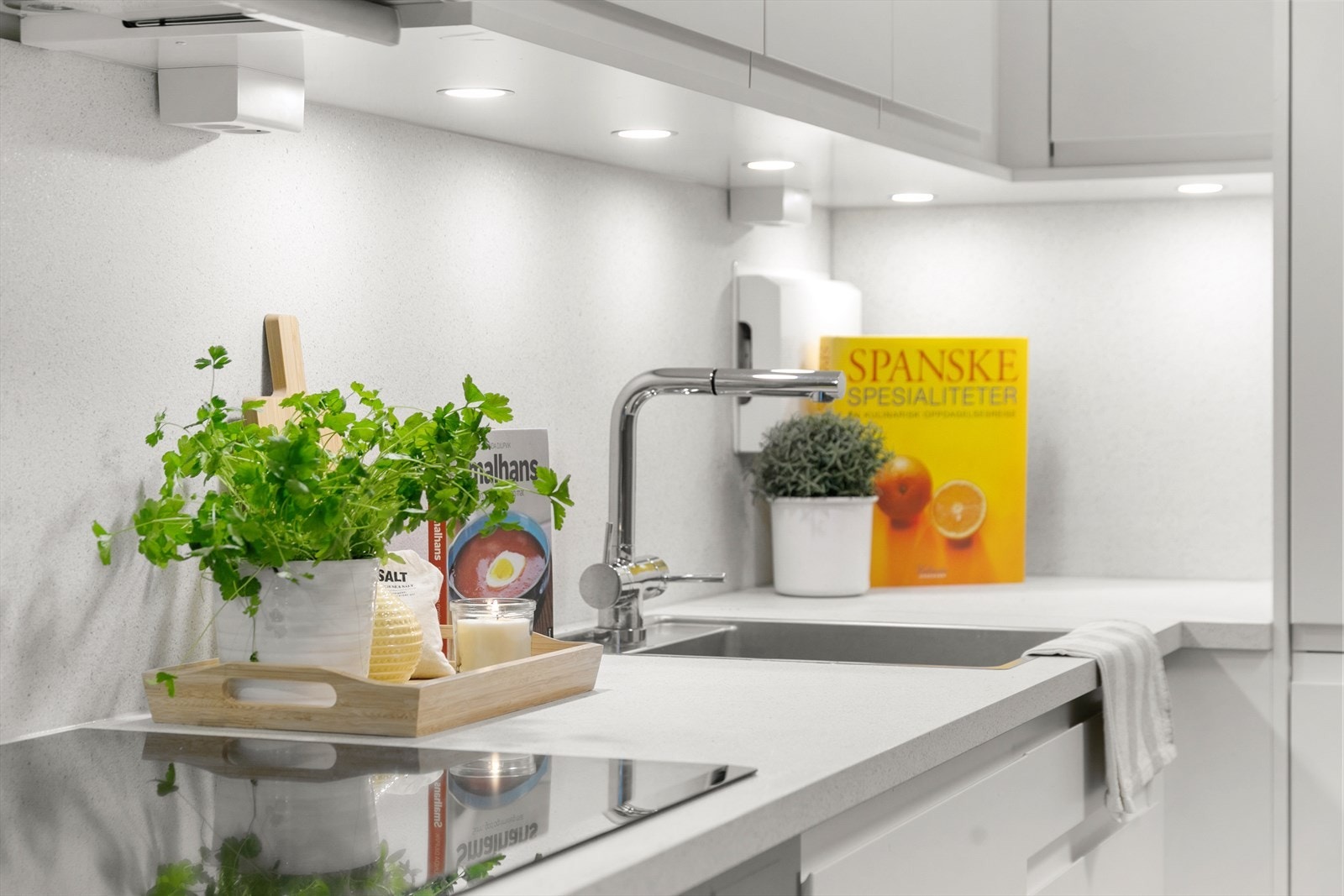 Av hvitevarer følger komfyr, induksjon platetopp, oppvaskmaskin og kjøl/fryseskap. Det er montert komfyrvakt over platetopp. Varmtvannsberederen og skapventilasjonen er fra 2024. Galleribilde