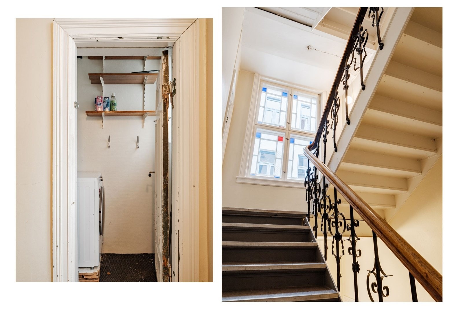 Leiligheten disponerer en bod en halv trapp opp i trappeoppgangen, hvor selger i dag har vaskemaskin. Galleribilde