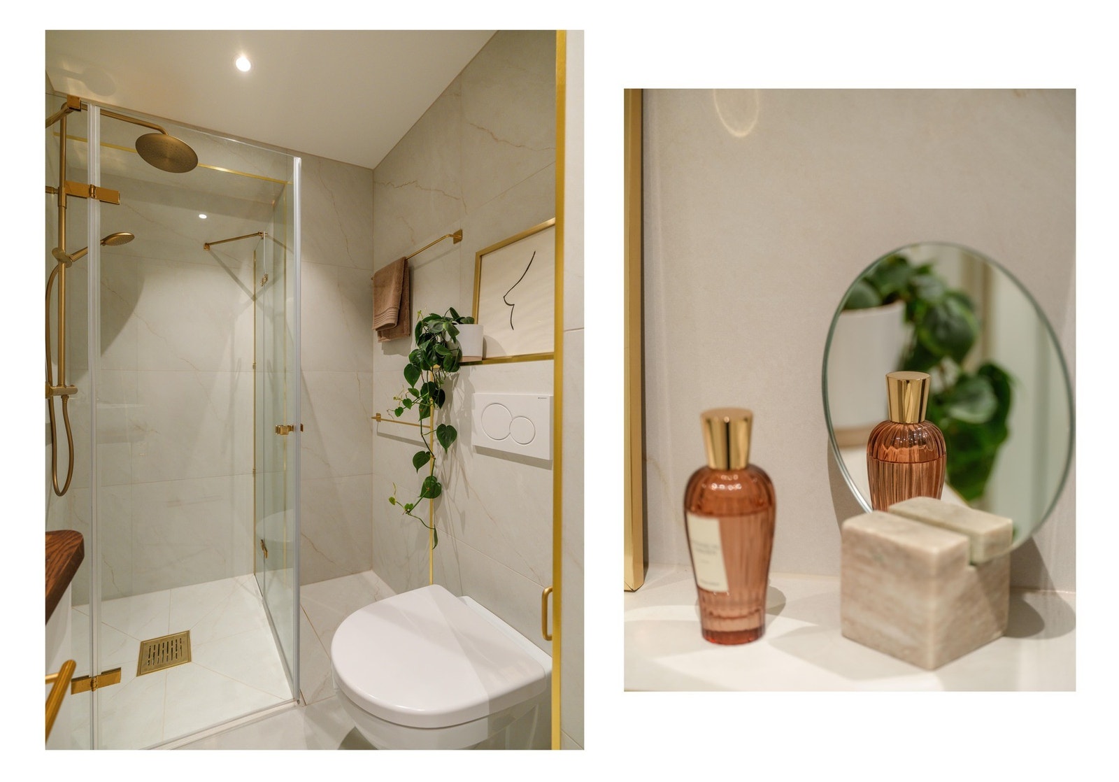 Badet er delikat store fliser, dusjhjørne og elegante detaljer i gullfinish. Galleribilde