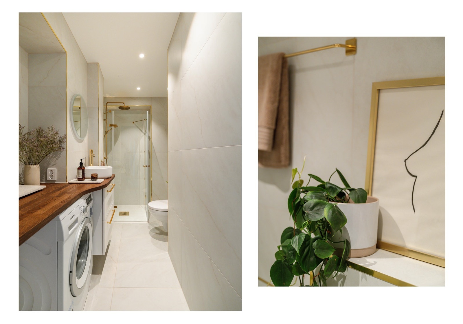 Innredningen består av servant med underskap, speil med belysning, vegghengt toalett og opplegg for vaskemaskin. Vaskemaskinen medfølger også ved salg. Galleribilde