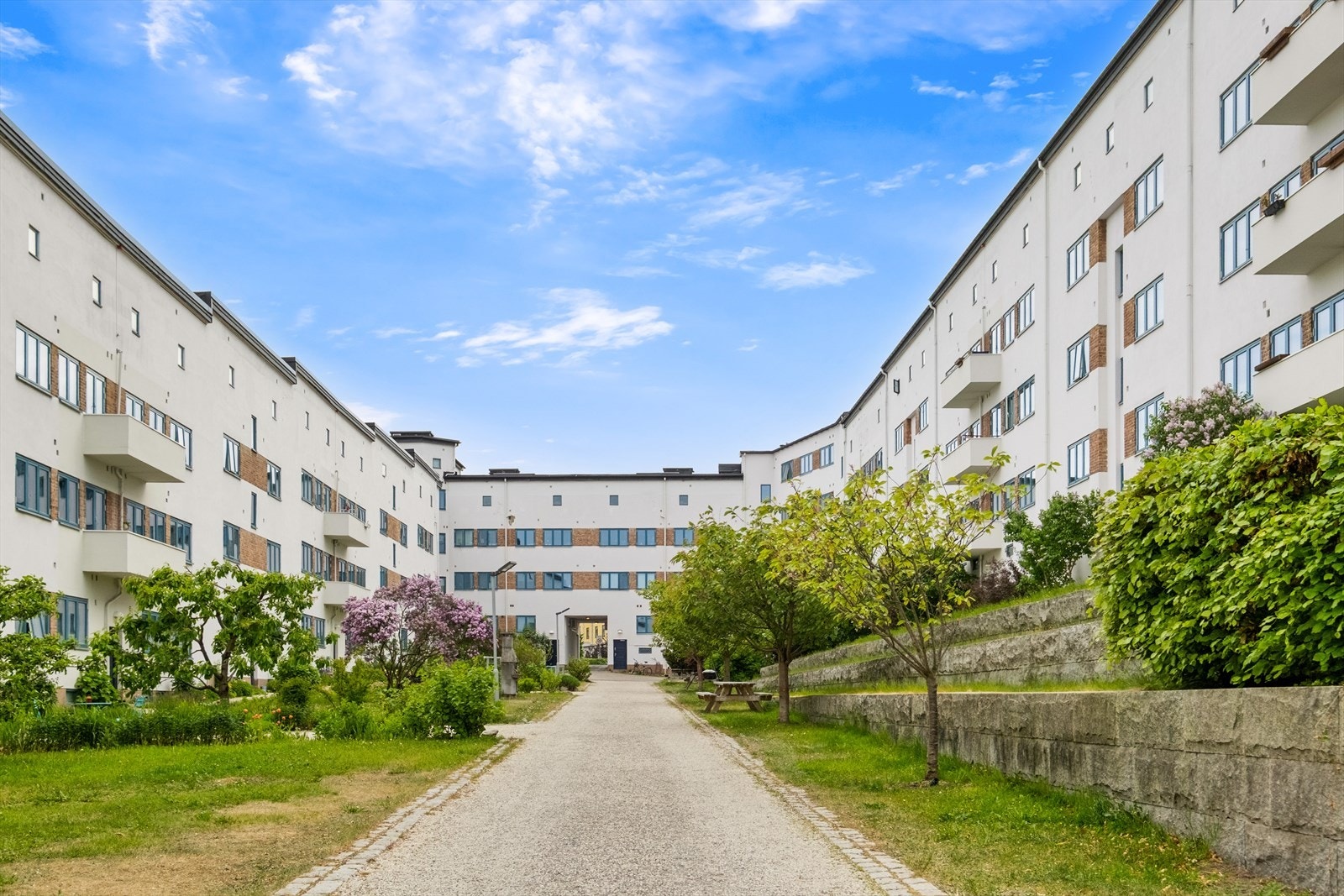 Hyggelig og stor bakgård med ulike sittegrupper og felles grill. Galleribilde