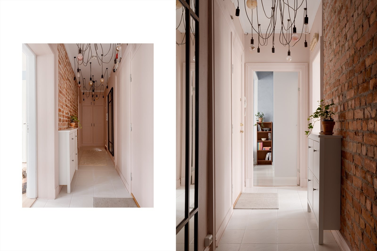 Entréen gir et godt førsteinntrykk av leiligheten med eksponert teglsteinsvegg og fliser på gulvet. Galleribilde