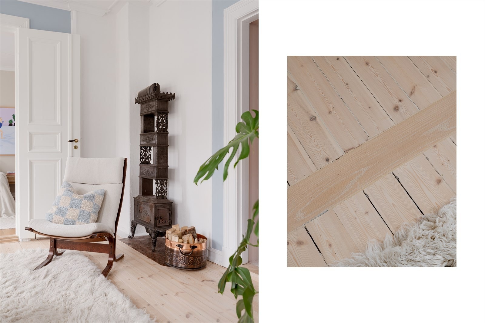 De originale tregulvene og en sjarmerende vedovn er bevart og gir en varm og autentisk atmosfære. Galleribilde