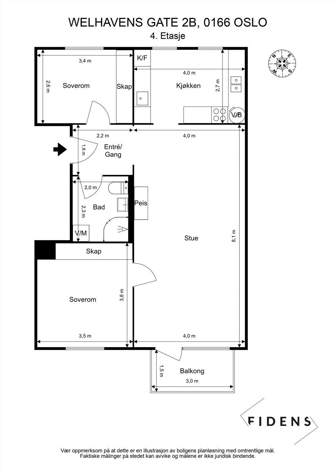 Plantegning. Leiligheten disponerer også to kjellerboder på ca. 2 og 4 kvm. Galleribilde