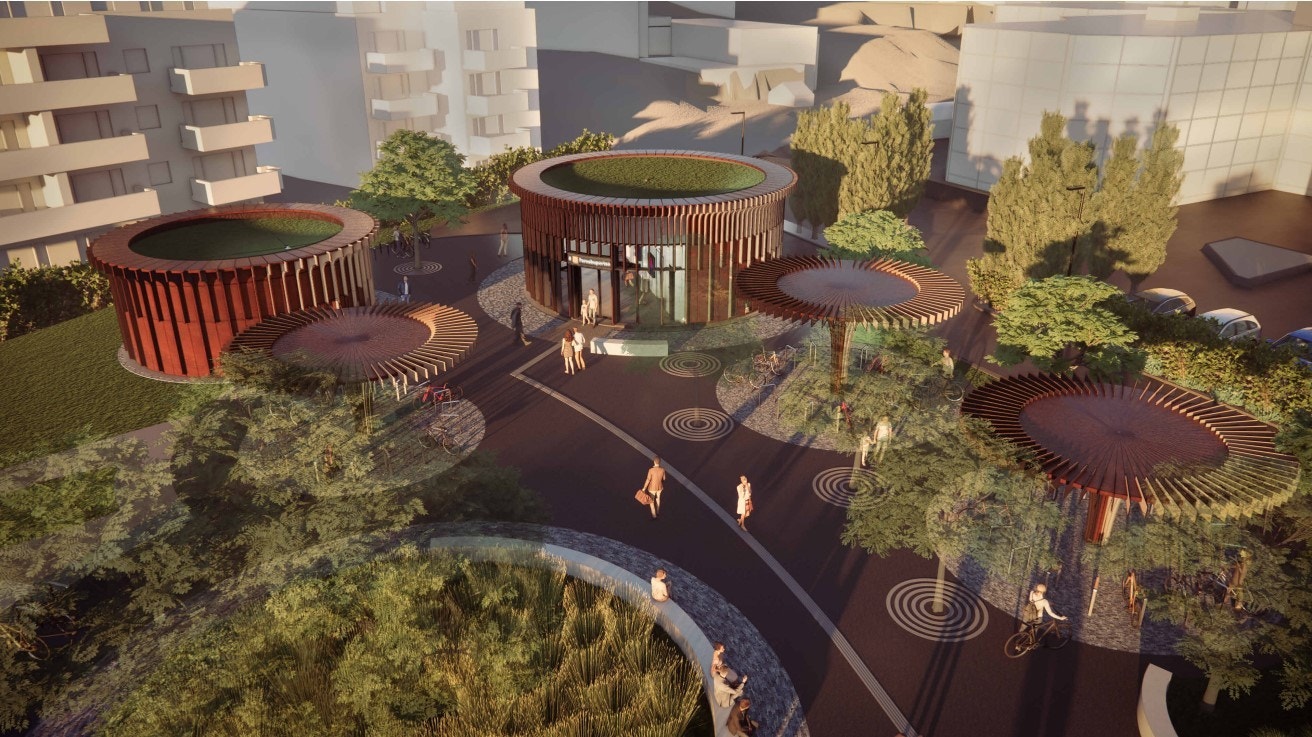 Illustrasjon av kommende T-bane ved Fornebuporten (estimert ferdig i 2029). Kun 15 min gange. Galleribilde