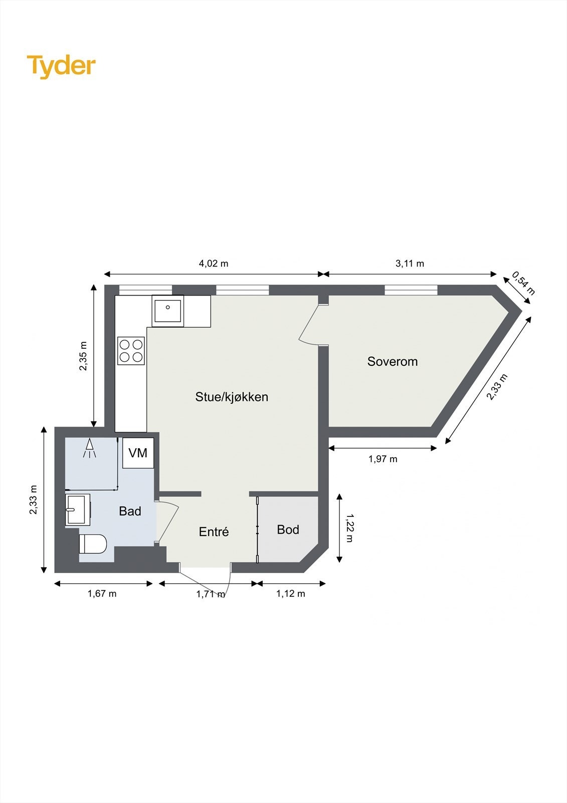 God planløsning med plass til sofa og spisebord i tilknytning til kjøkken, samt soverom med plass til oppbevaring Galleribilde