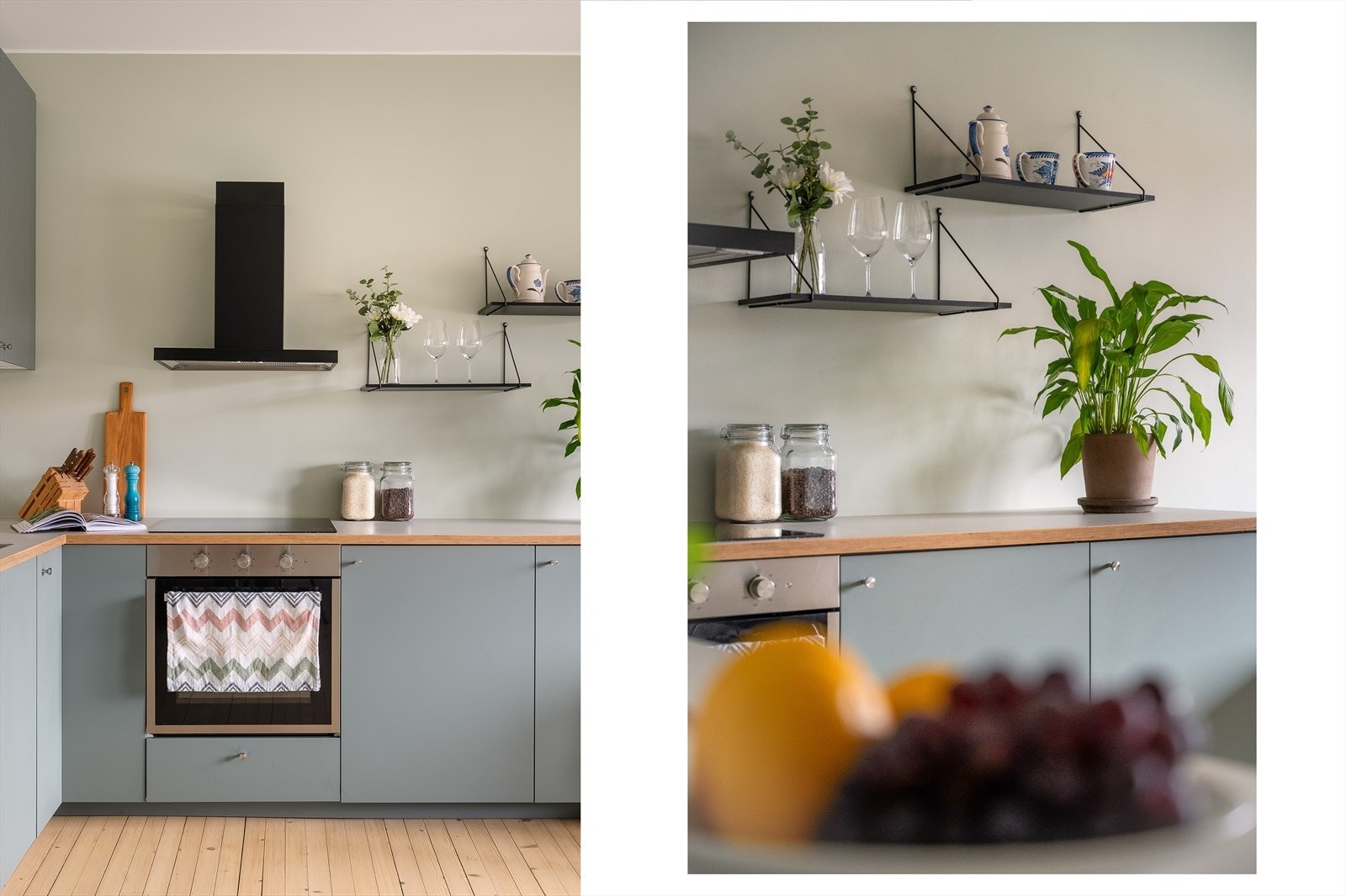 Kjøkkenet er stilrent, ligger i en åpen løsning og har godt med oppbevaringsplass samt gode arbeidsoverflater. Galleribilde