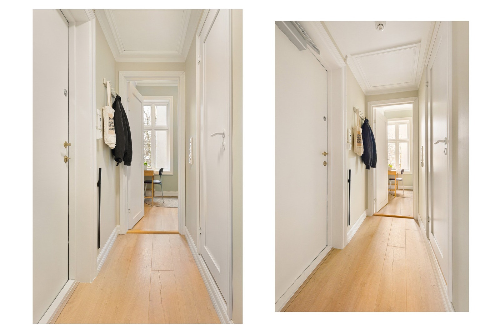 Entéen gir et godt førsteinntrykk av leiligheten, og har plass til det nødvendige, nemlig å henge fra seg yttertøyet. Galleribilde