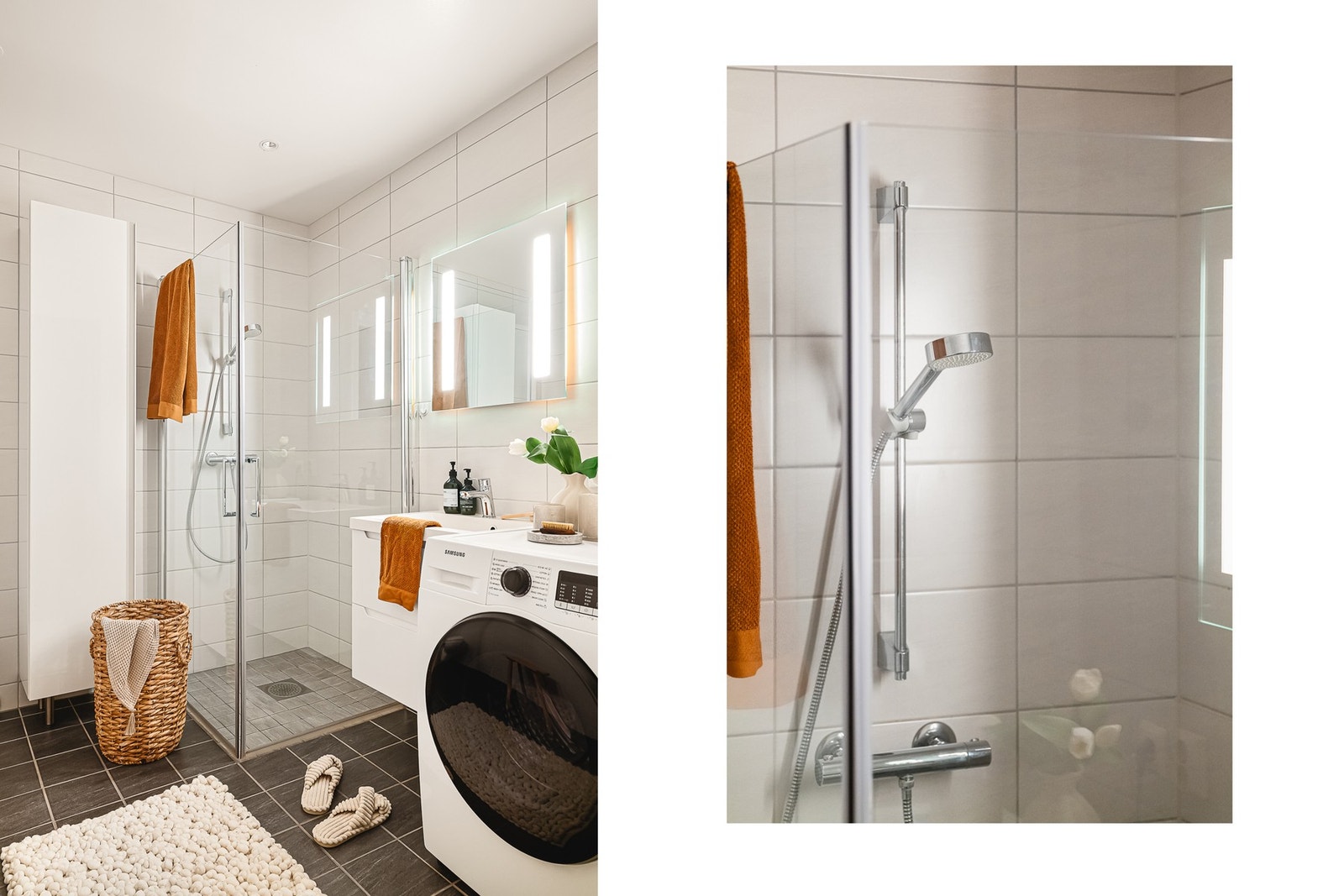 Baderomsinnredningen består av vegghengt toalett, helstøpt servant, skuffer under servant med slette fronter, samt dusjdører i klart glass. Galleribilde