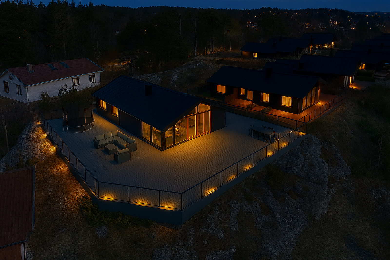 Tomten gir gode muligheter for å utvide terrassen mot sør. Bildet er KI-generert og kun ment som en illustrasjon av mulige løsninger Galleribilde