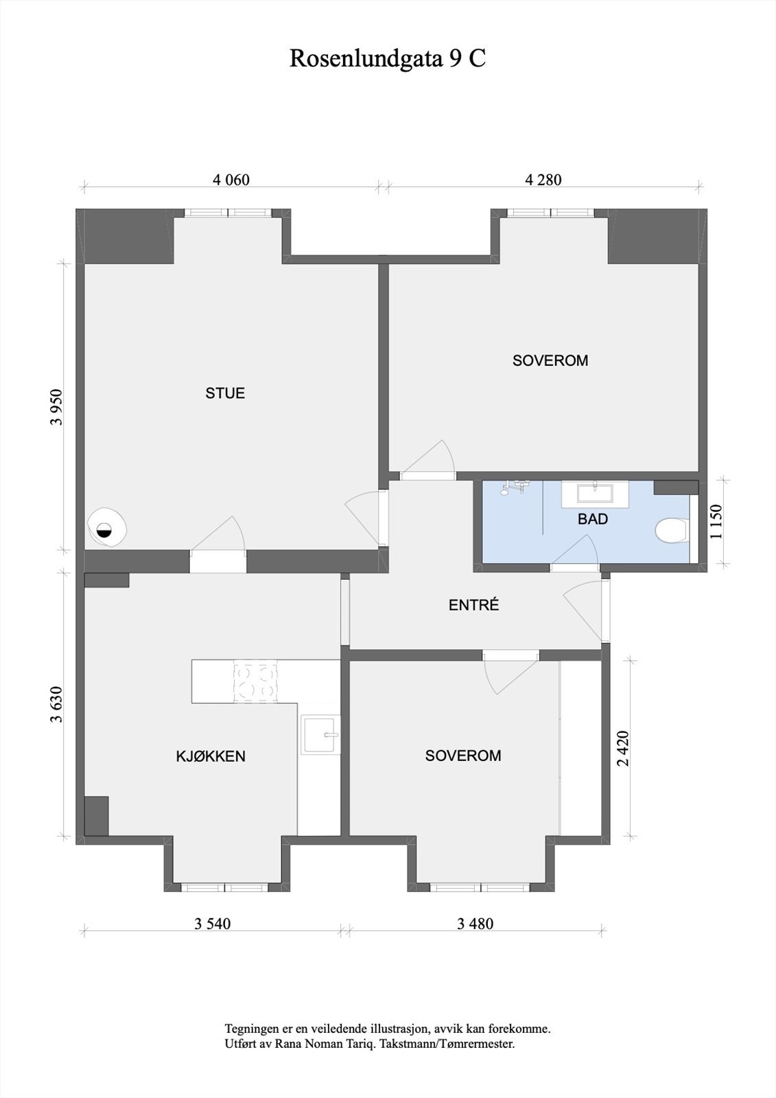 Vi starter med plantegningen. Leiligheten ligger i byggets 3. etasje inneholder:
Entré, bad, kjøkken og to soverom
Leiligheten disponerer også en kjellerbod. Galleribilde