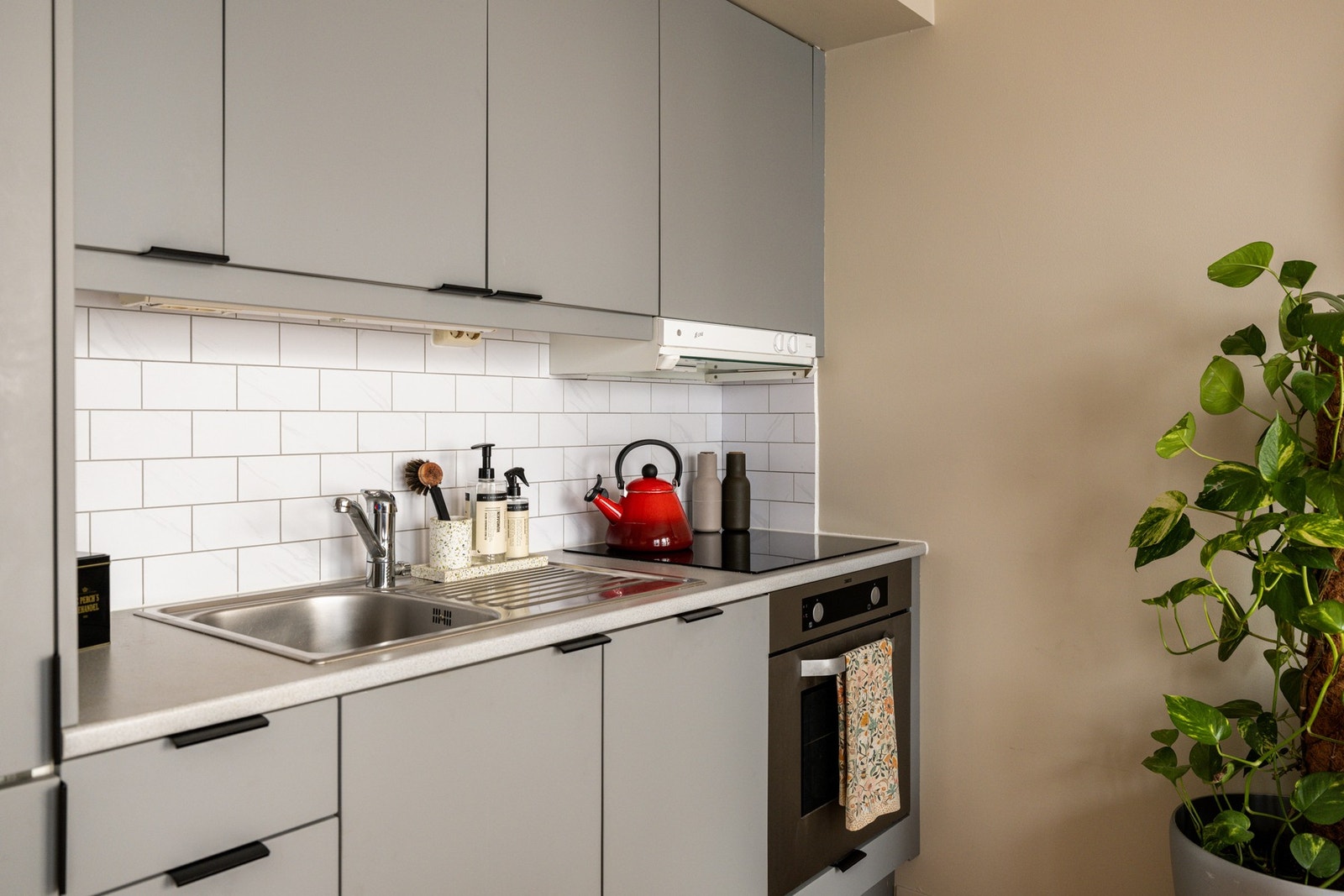 Innredningen har grå glatte fronter og laminert benkeplate med nedfelt oppvaskkum. Galleribilde