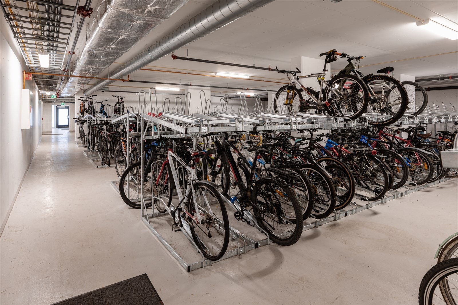 Stor, innendørs sykkelparkering i borettslaget. Galleribilde