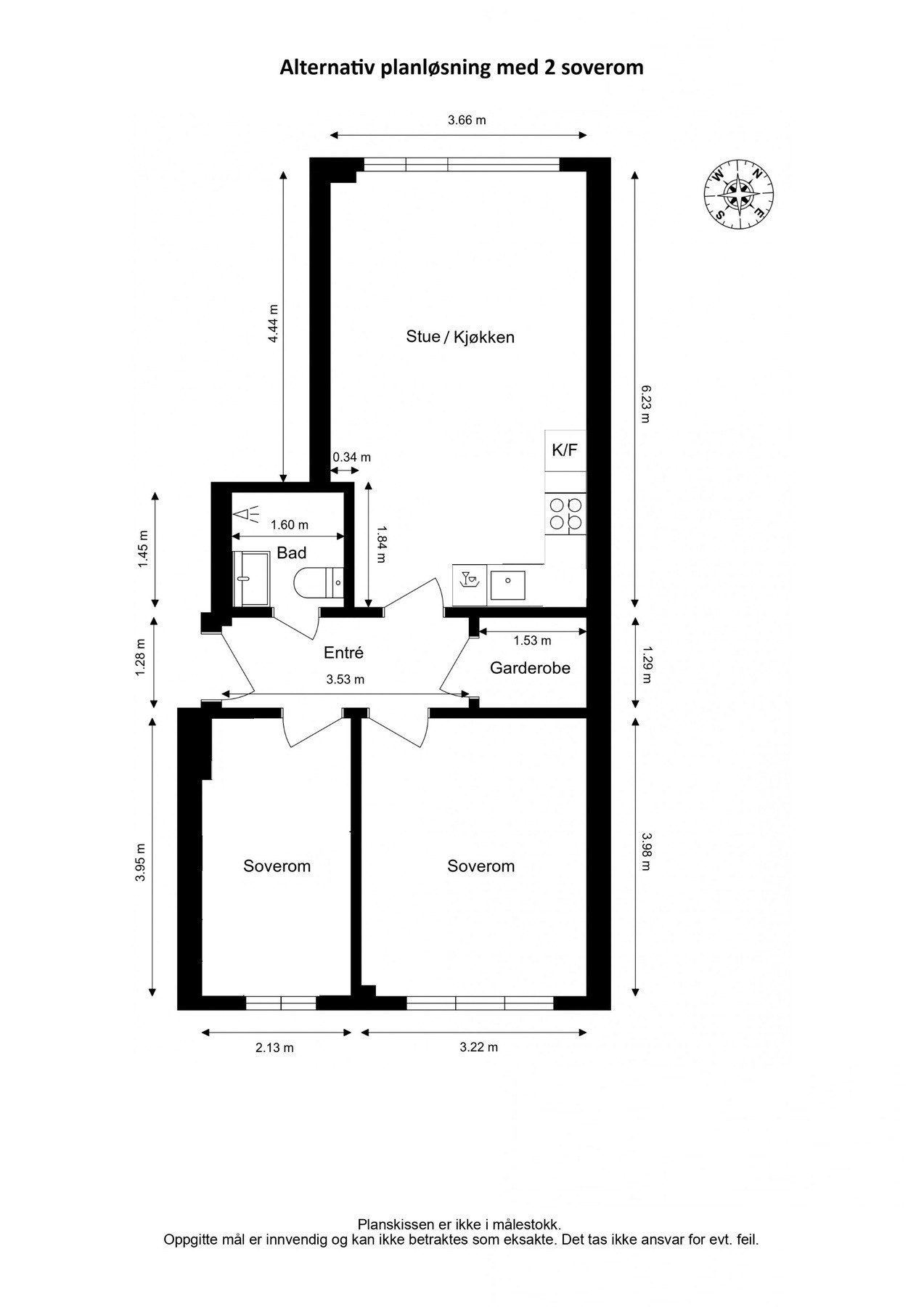 Forslag til alternativ planløsning med 2 soverom og åpen stue/kjøkkenløsning. Galleribilde