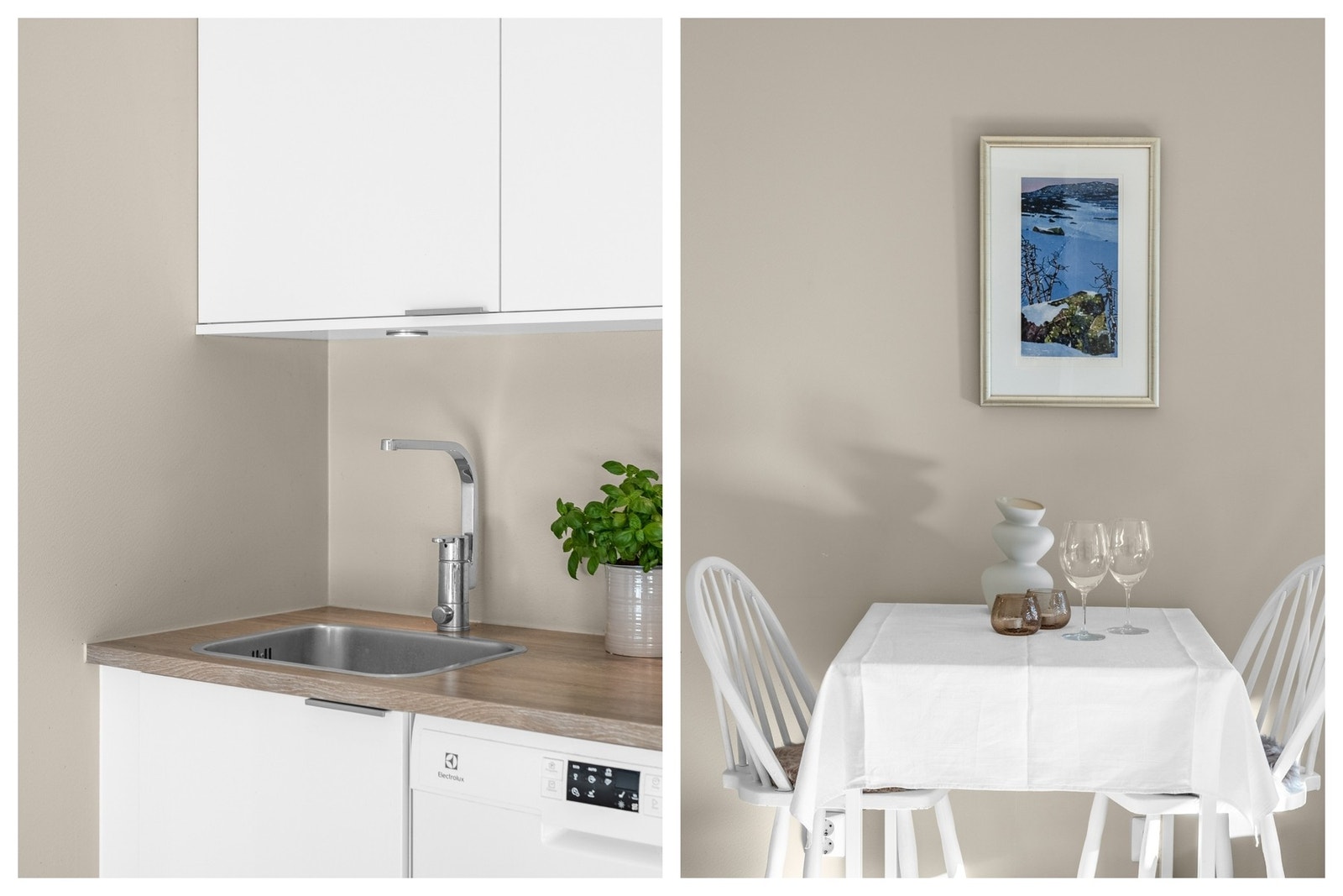 Flott kjøkken med downlights under overskap, glatte fronter, nedfelt kum i rustfritt stål og laminatbenkeplate Galleribilde