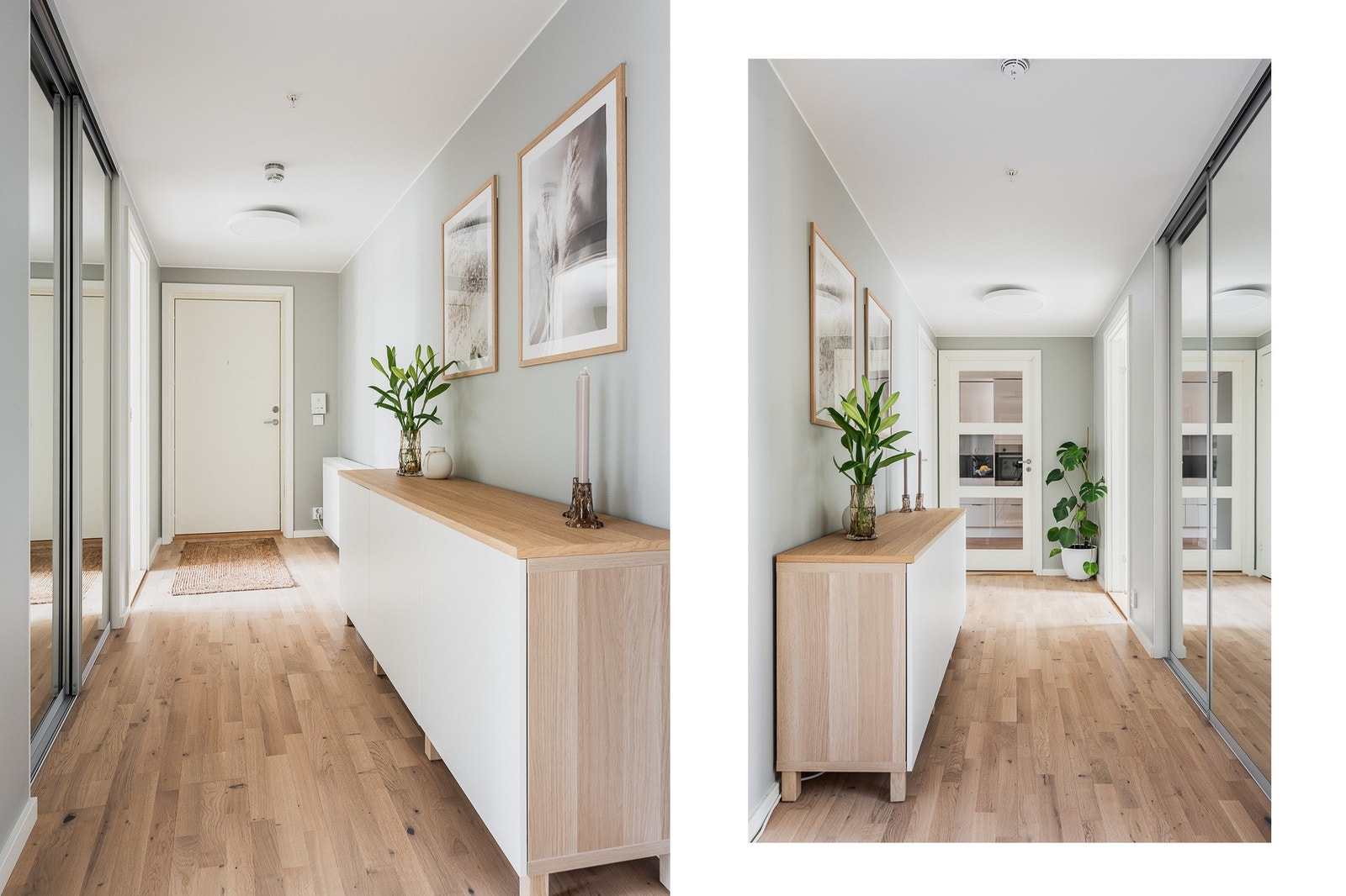 Entréen er innbyende med parkettgulv som er gjennomgående i de fleste rom. Oppvarming via radiator med vannbåren varme. Oppbevaring i en praktisk plassbygget skyvedørsgarderobe med speildører. Galleribilde