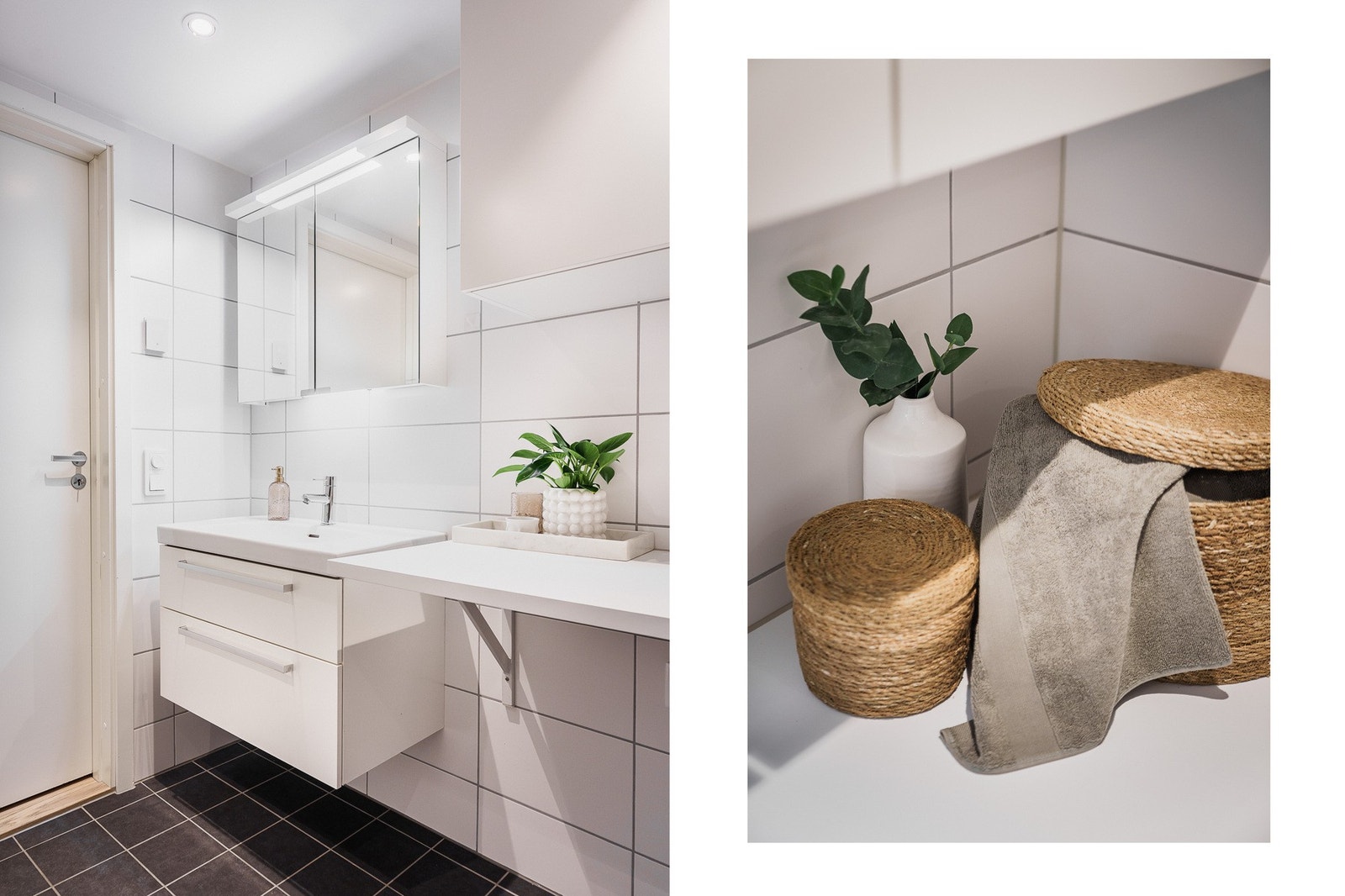 Her er det opplegg for både vaskemaskin og tørketrommel, under en praktisk benkeplate. Galleribilde