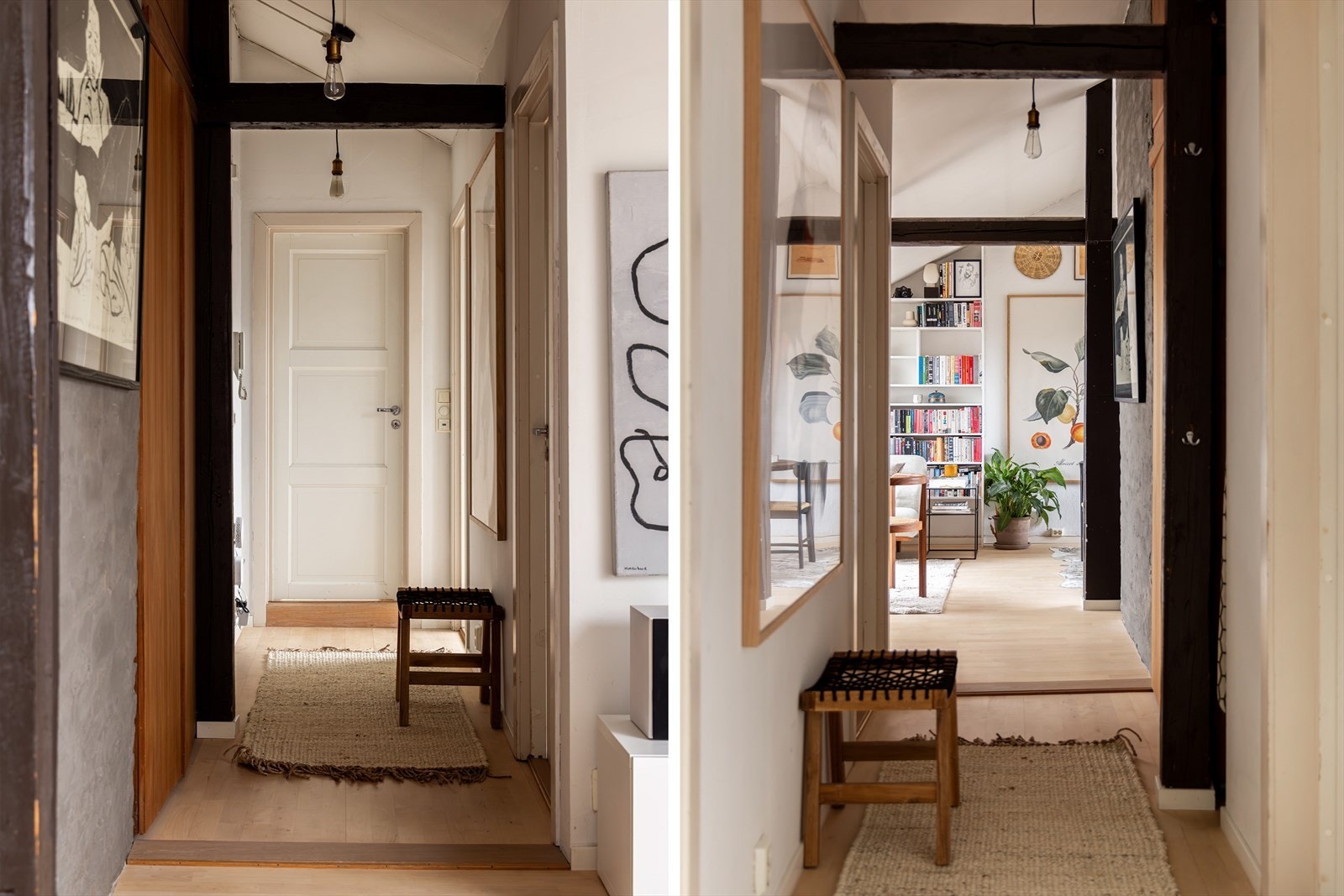 Entréen fremstår både rustikk og innbydende, med gjennomgående tregulv i osp som ble slipt og oljet i 2022. Galleribilde