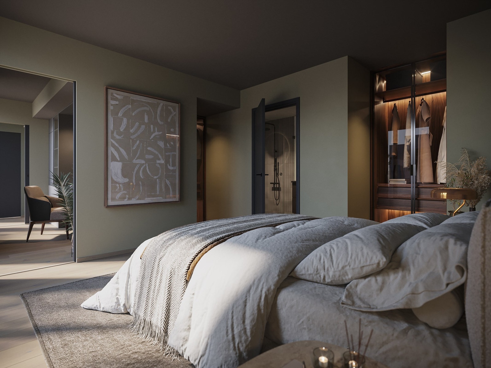 Generell illustrasjon. Leilighetens hovedsoverom har egen inngang til bad og et garderoberom. Avvik kan forekomme. Galleribilde