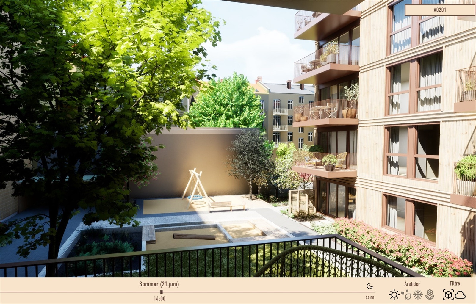 Illustrasjon | Utsyn fra den nordvestvendte balkongen på ca. 5,4 m². Her sitter man vendt inn mot rolig bakgård. Hentet fra utbyggers simulator. Avvik kan forekomme. Galleribilde