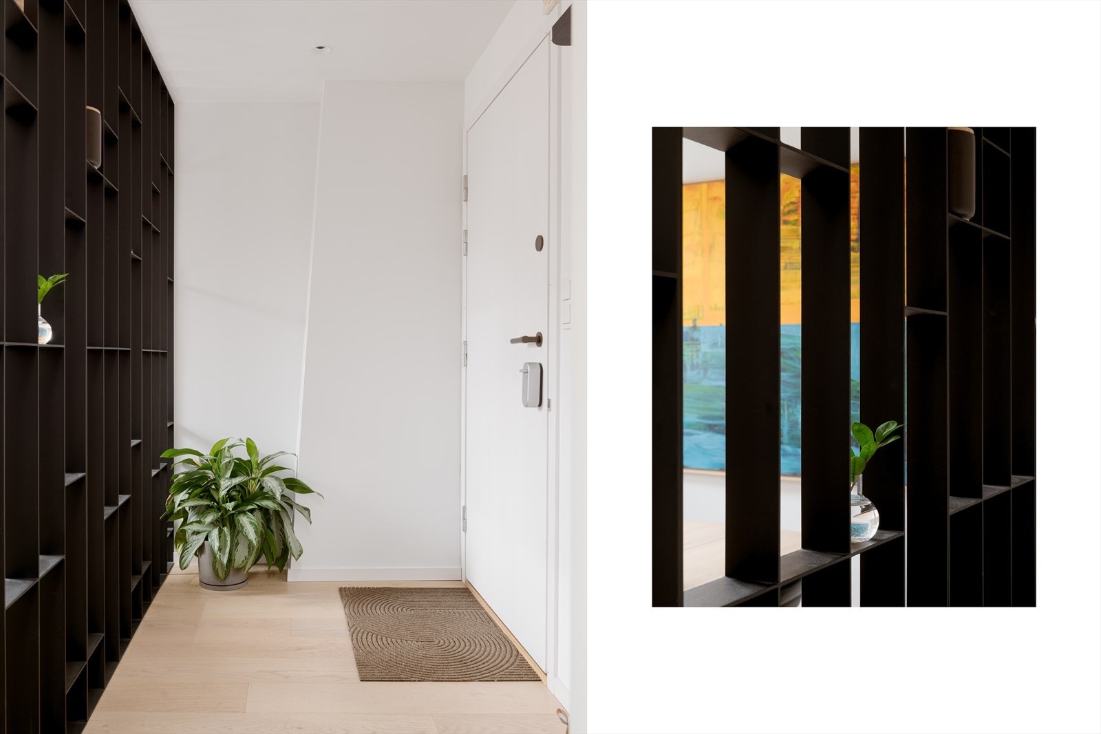 Skilleveggen skaper et tydelig skille mellom spisestuen og entréen, samtidig som lyset fra vinduet slipper til. Galleribilde