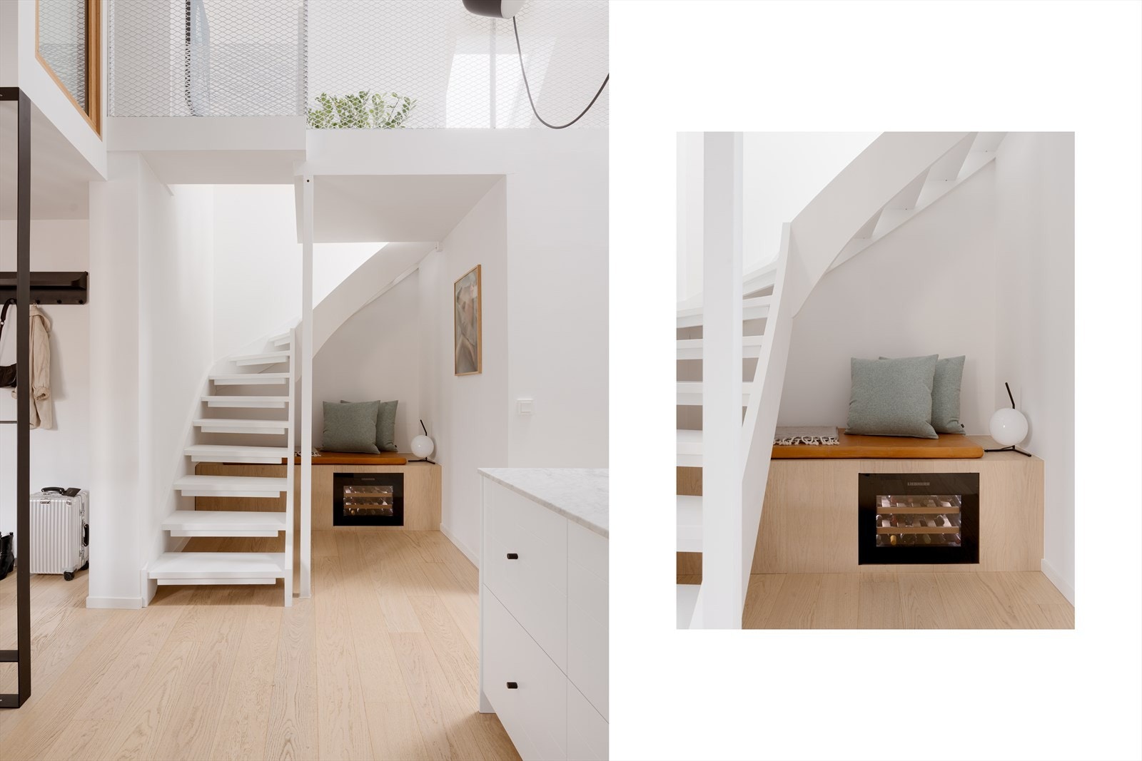 Integrert vinskap i plassbygd benk. Galleribilde