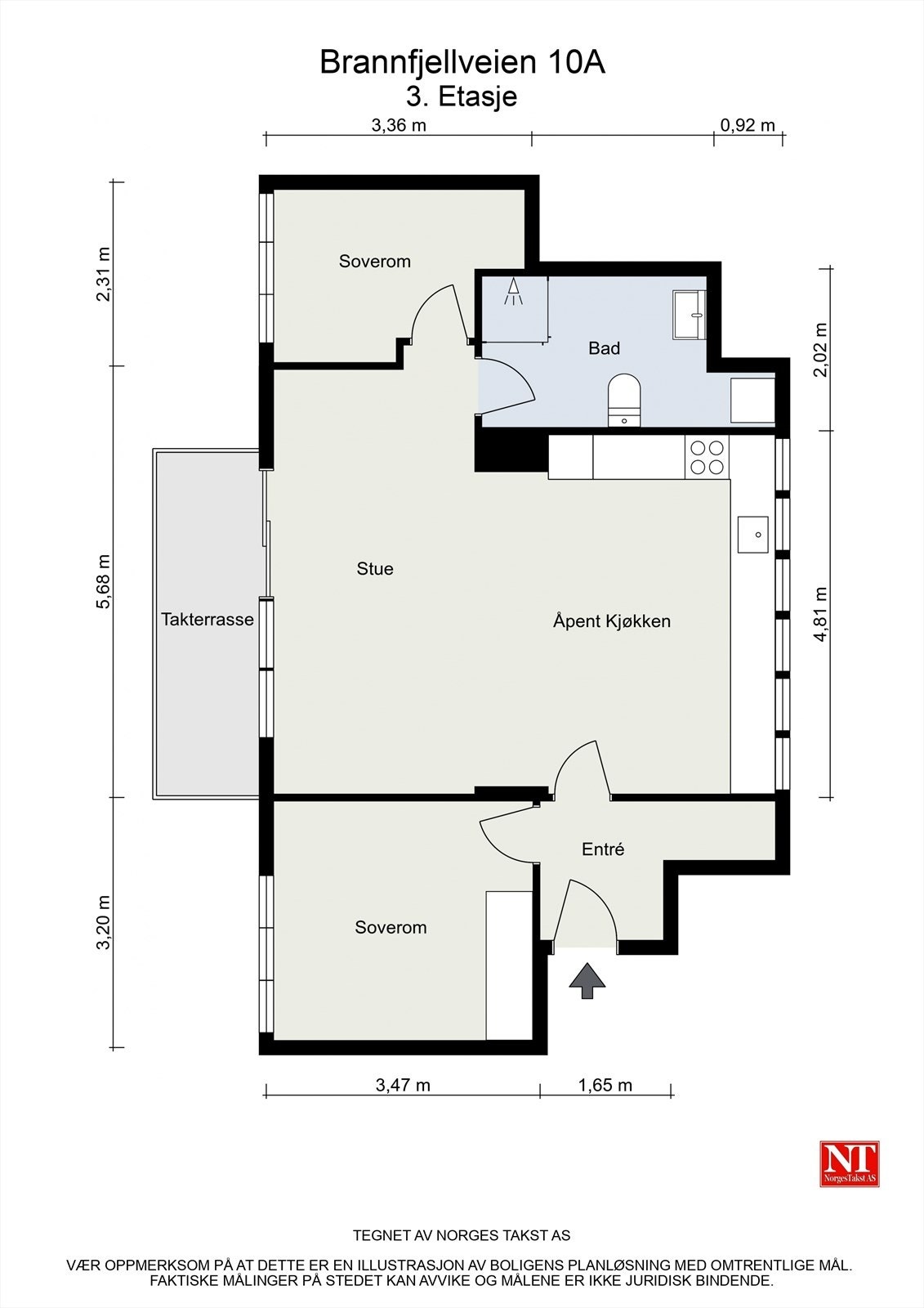 Leiligheten har en gjennomtenkt planløsning på 59 m² med to soverom og en sosial, åpen sone. Galleribilde