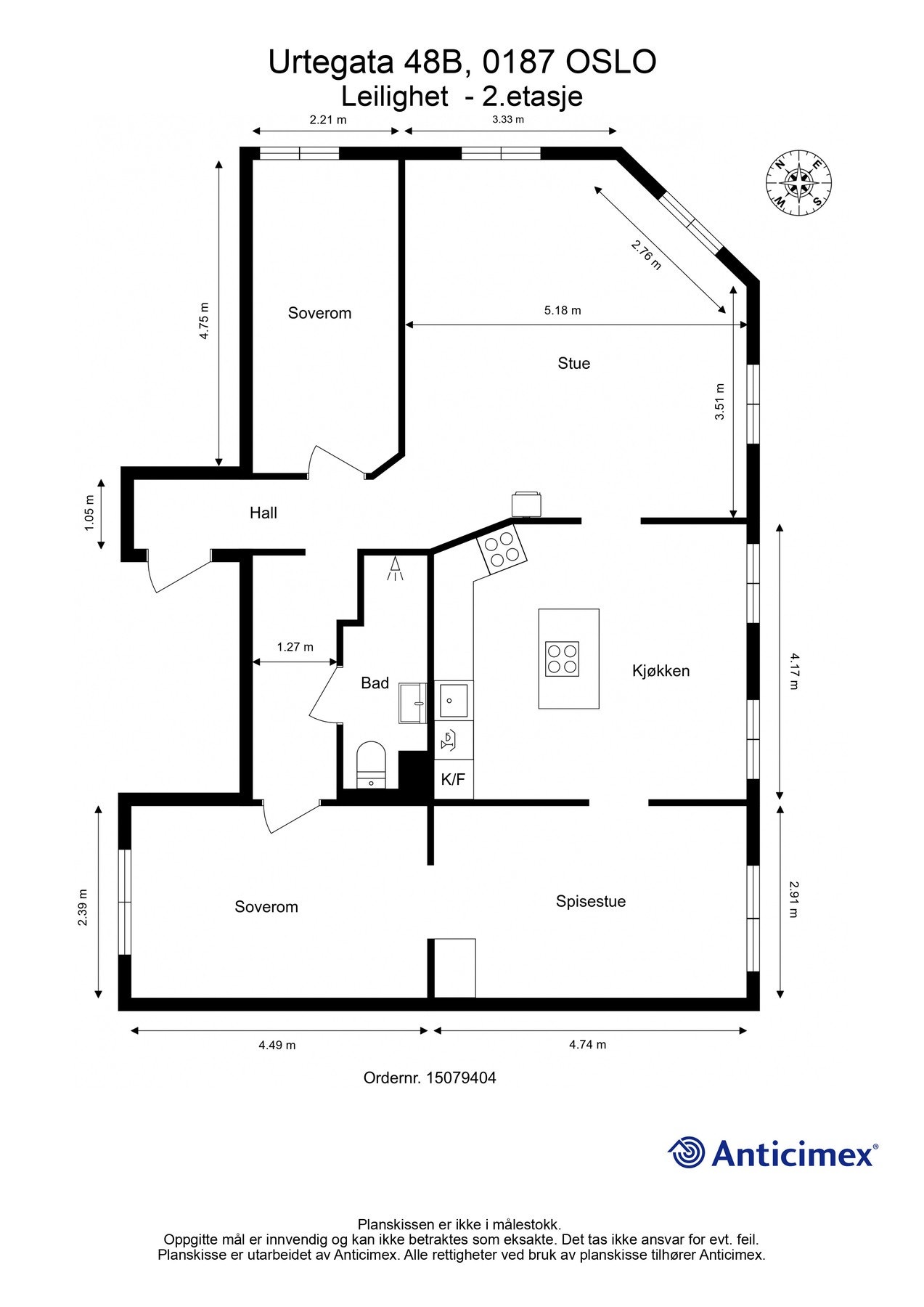 Plantegning 2. etasje. I tillegg disponerer leiligheten en kjellerbod med gulvareal på ca. 10m² (ikke måleverdig grunnet lav takhøyde), samt en loftsbod. Galleribilde