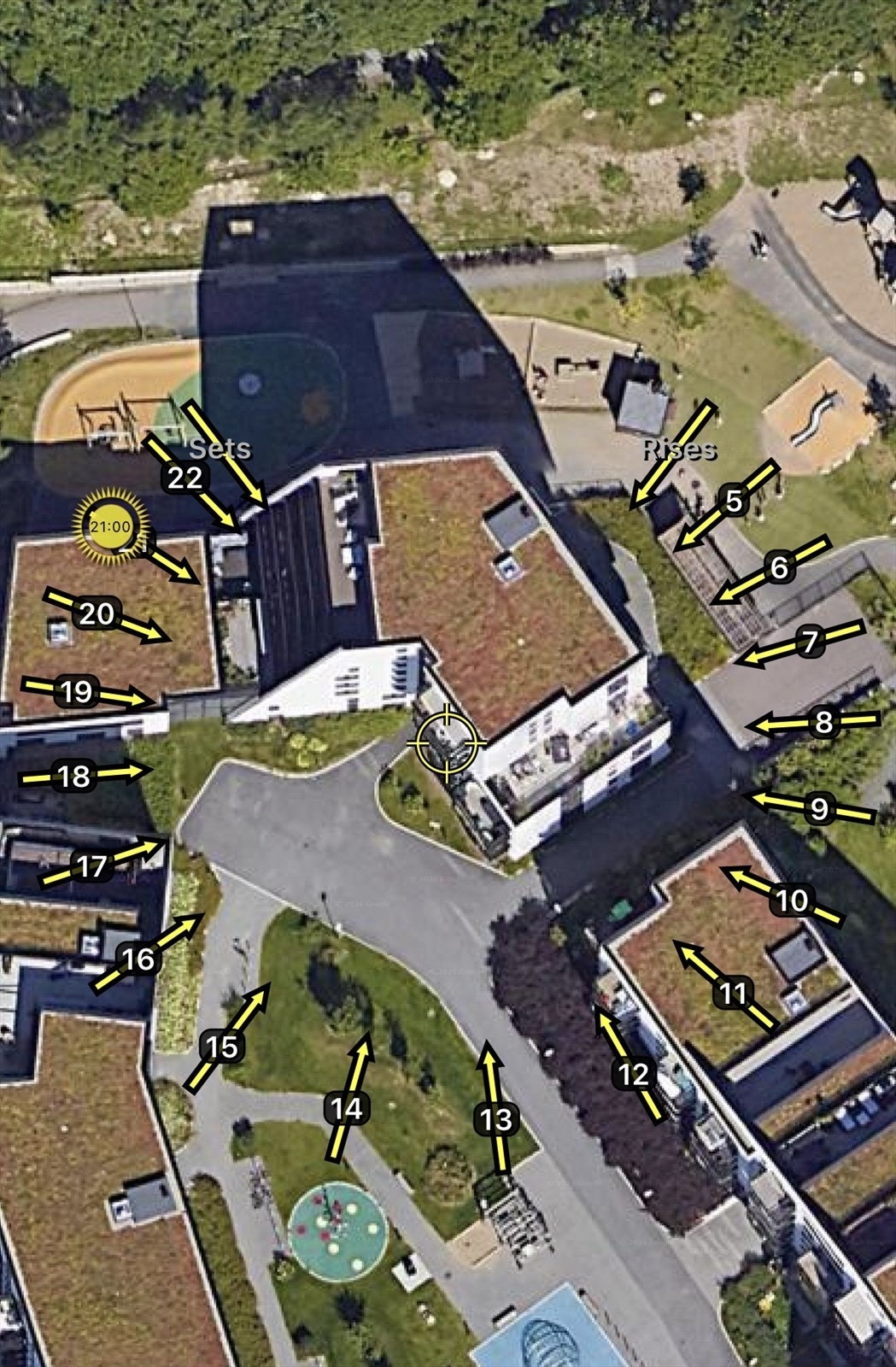 Illustrasjon av solforholdene midtsommers. Sol på balkongen fra ca. kl. 11:00-21:00. Galleribilde