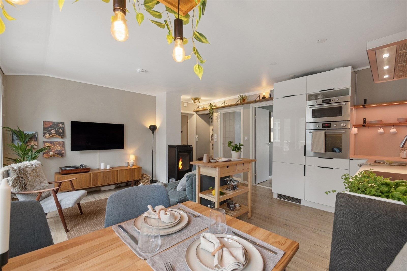 Fra spiseplassen ser man mot entreen og den effektive vedovnen. Galleribilde