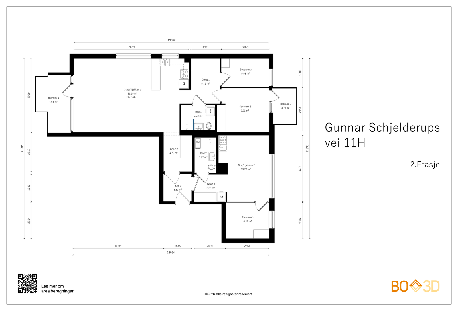 Plantegning. I tillegg disponerer leiligheten en kjellerbod på ca. 5 m2. Galleribilde