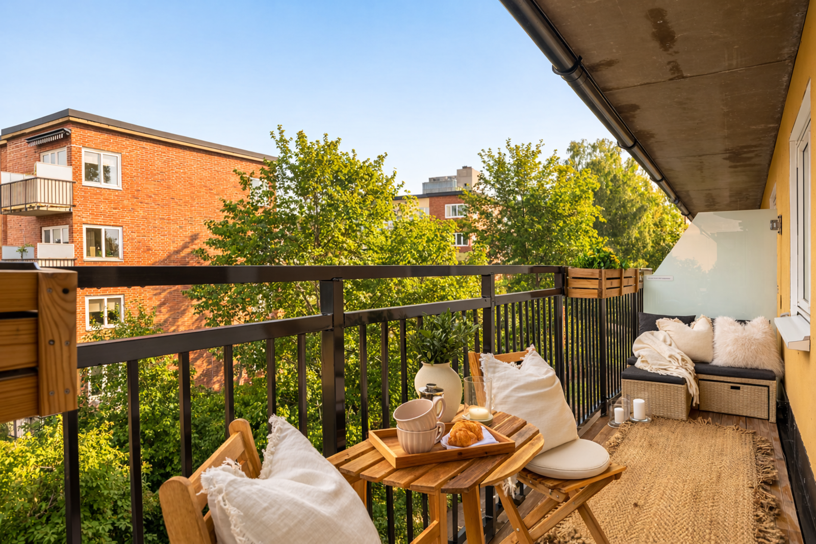 Balkongen vender mot nordvest og har plass til sittegruppe og beplantning. Illustrasjon - bildet er digitalt etterbehandlet (KI). Faktiske forhold kan avvike. Galleribilde