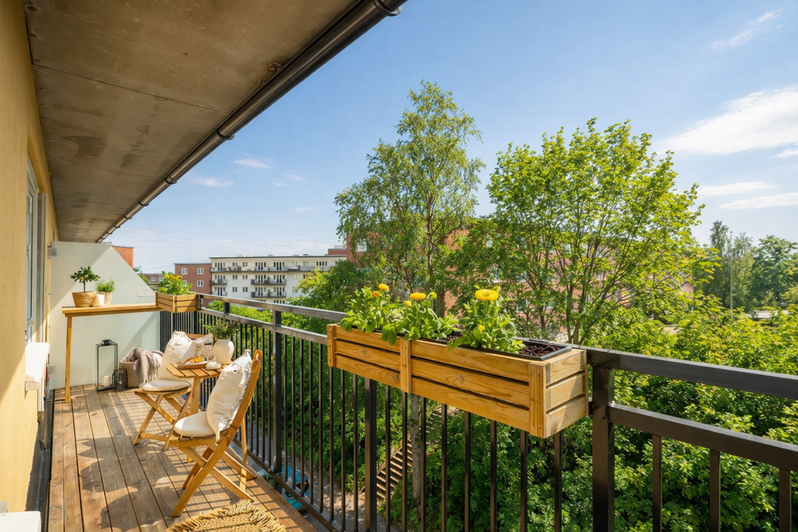 Velkommen til Bjørn Stallares vei 17! Stor balkong med hyggelig utsyn og plass til utemøbler. Illustrasjon - bildet er digitalt etterbehandlet (KI). Faktiske forhold kan avvike. Fotograf: Daniel Bergsagel. Galleribilde