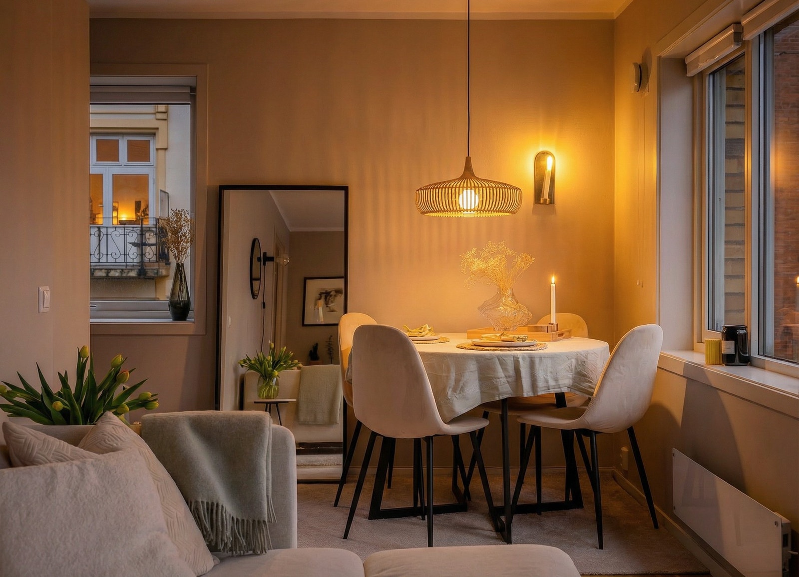 Leiligheten oppleves lun med en hyggelig atmosfære på kveldstid. Galleribilde