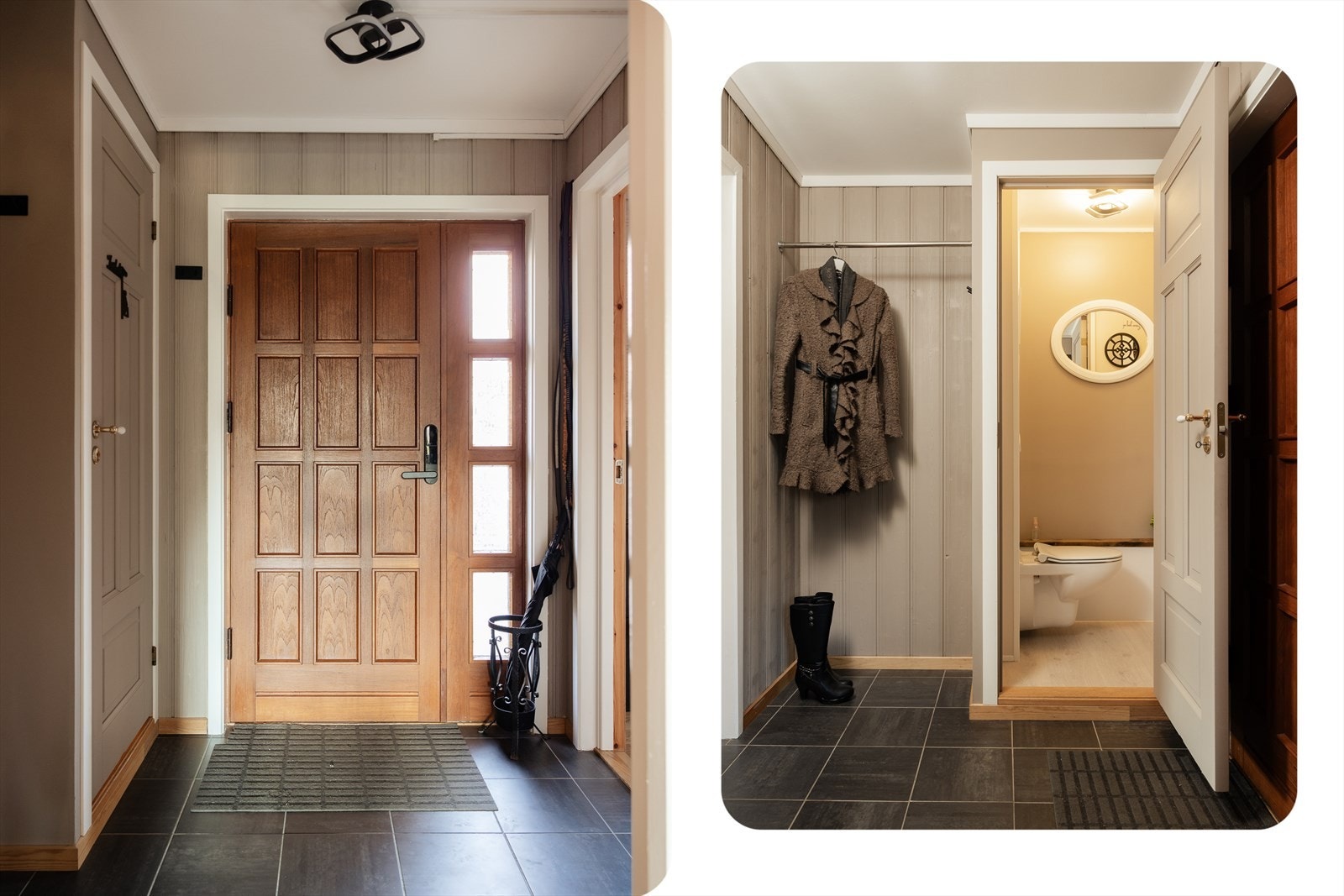 Entréen har flislagt gulv, og i tilknytning til gangen finner du et praktisk gjestetoalett Galleribilde