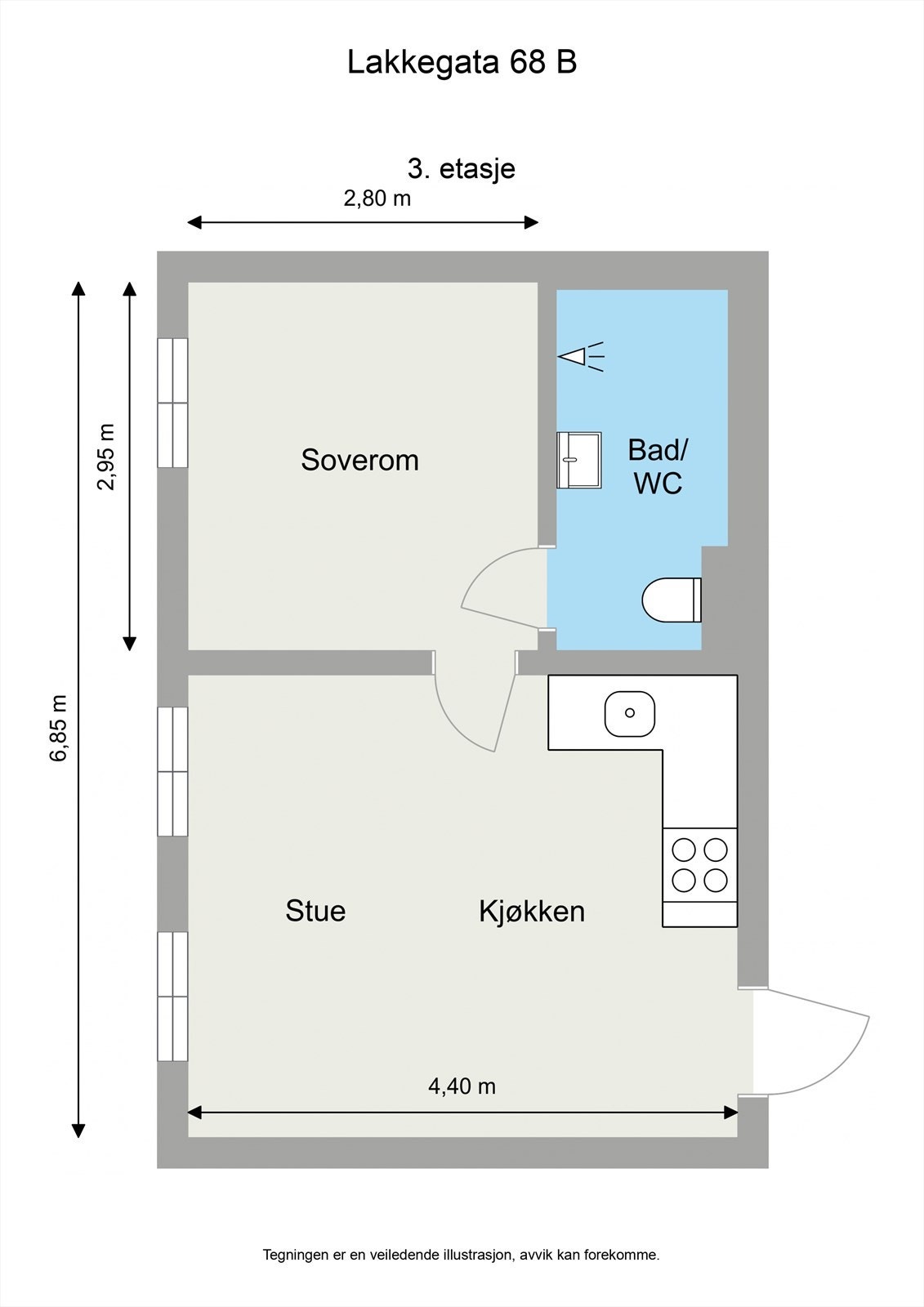Praktisk planløsning - entré, stue, kjøkken, soverom og bad. Galleribilde