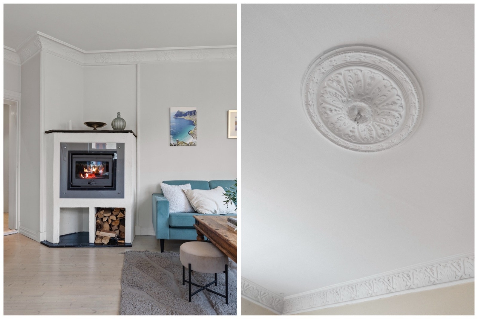 Fine detaljer som peis i stuen, stukkatur og rosett i flere av rommene. Galleribilde