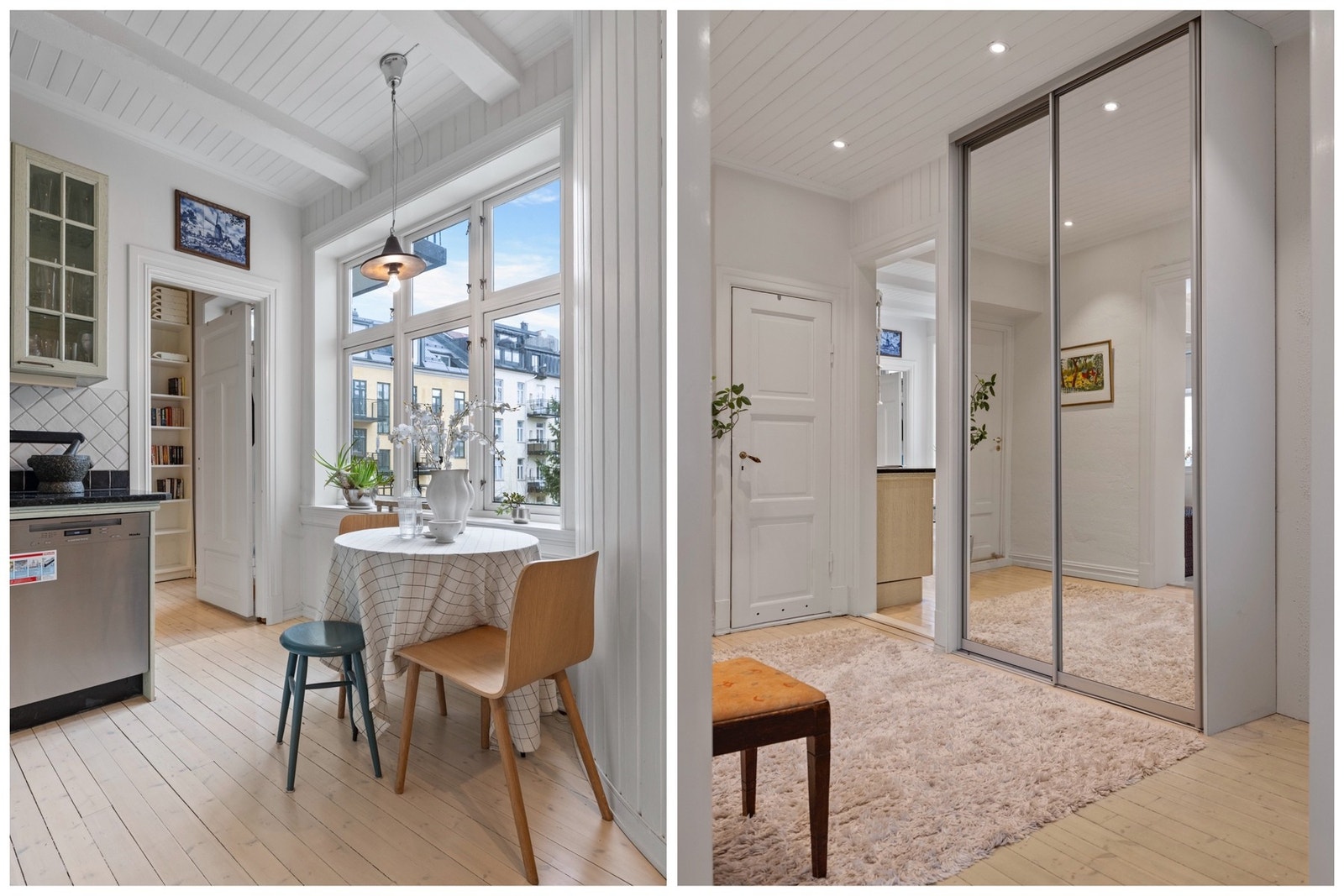 Fra entréen vises man inn til stuen til venstre og kjøkkenet med beliggenhet til høyre. Badet er rett frem. Galleribilde