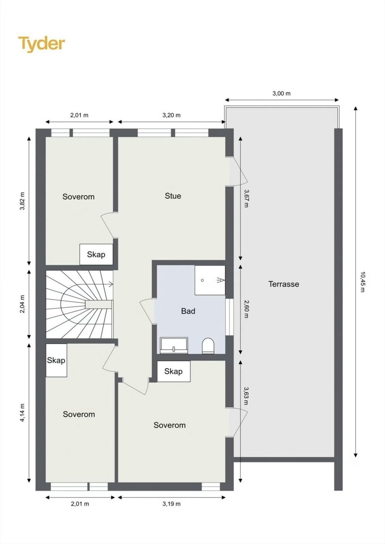 Plantegning 2.etasje: BRA-i: 54 kvm. Stue, bad og tre soverom. Galleribilde