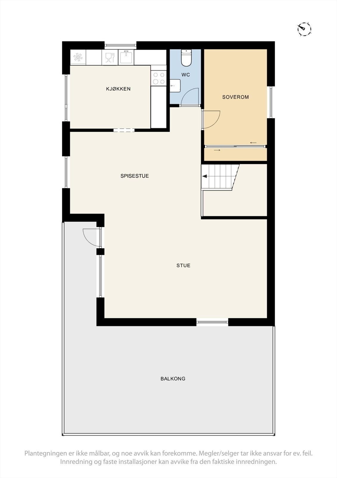 Hovedetasjen har en sosial planløsning med stue, kjøkken, ett soverom og et toalettrom. Galleribilde