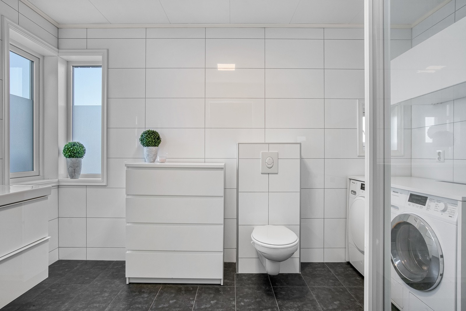 Her er det opplegg til vaskemaskin, samt dusjkabinett. Galleribilde