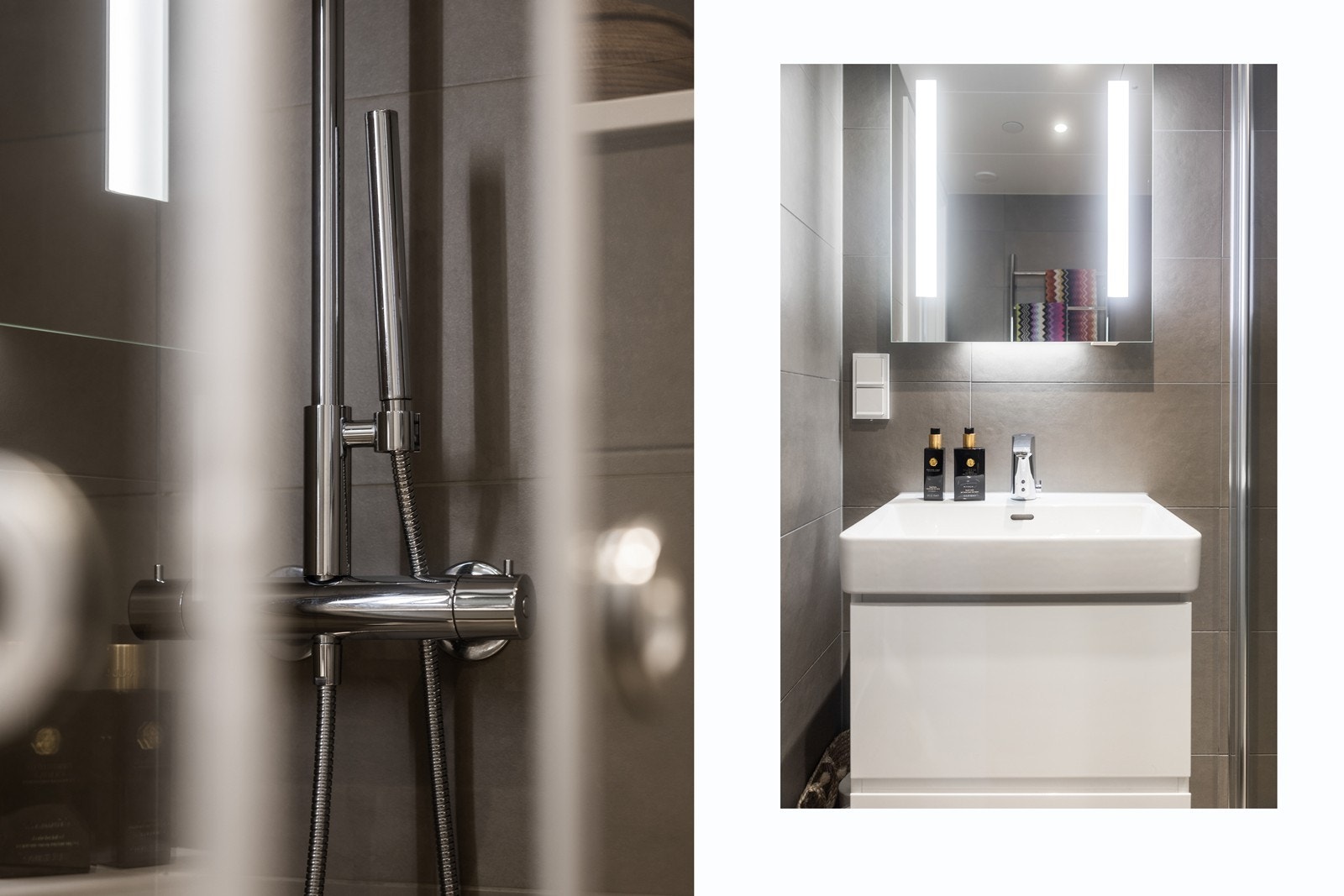 Boligen har 2 bad, begge har en lekker finish med grå fliser. Galleribilde