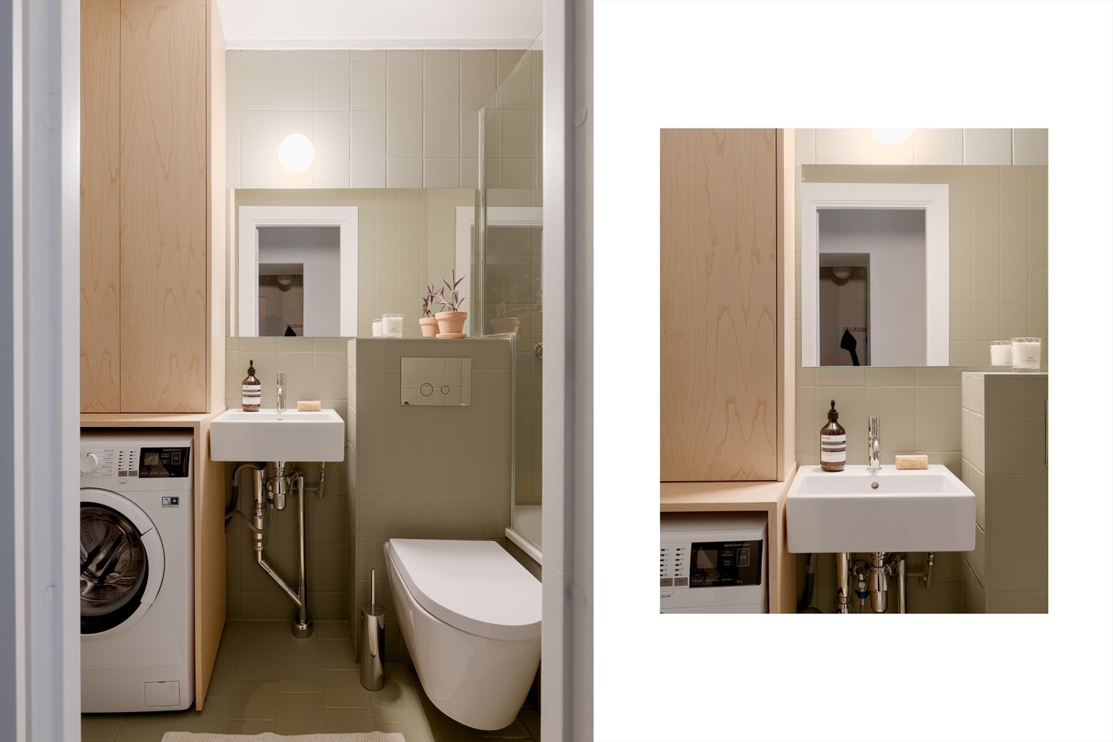 Her er det termostatstyrte varmekabler i gulvet og et spesialbygget skap i lakkert ask med plass til vaskemaskin. Galleribilde