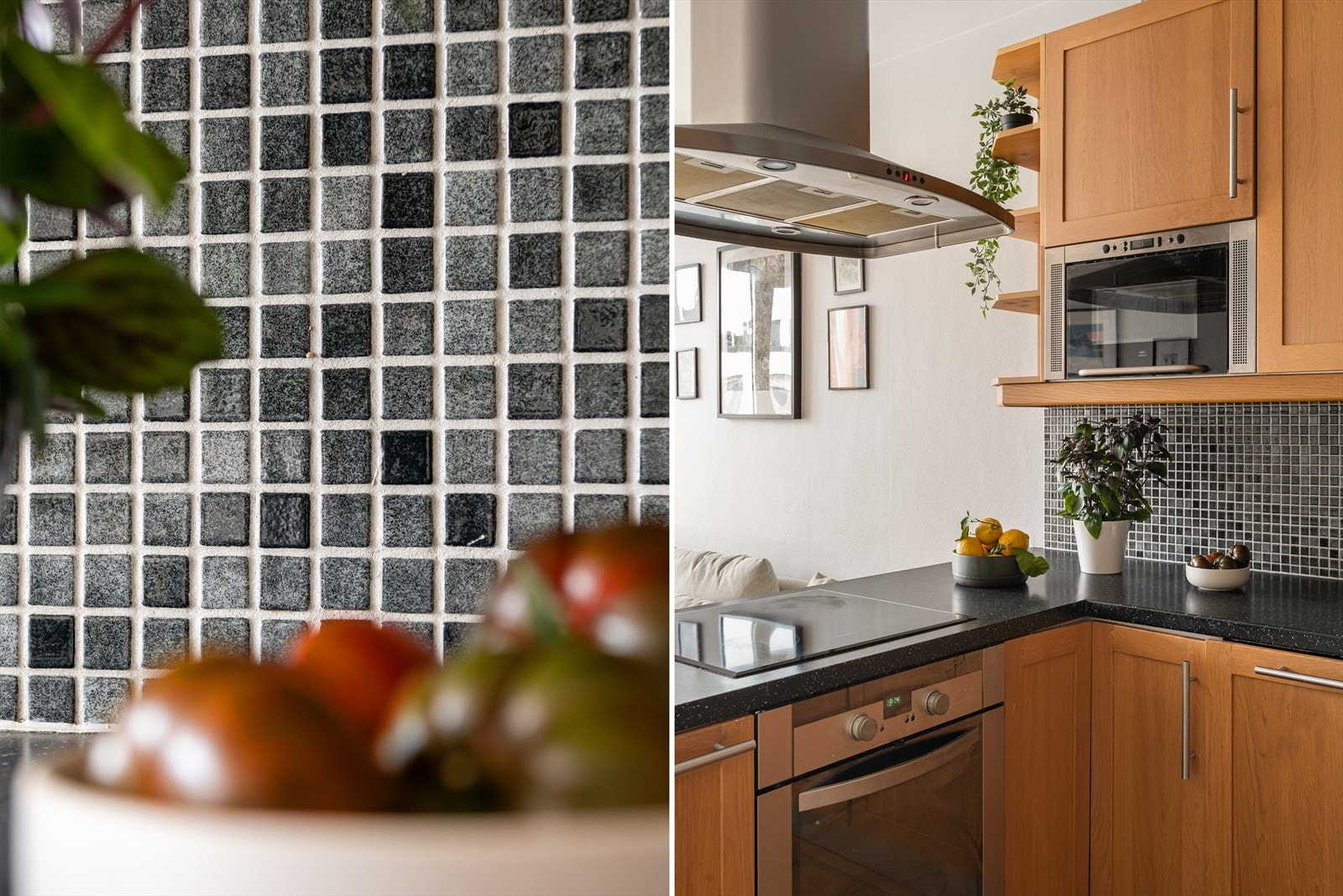 Legg merke til de koselige mosaikk backsplash flisene som passer veldig godt til den mørke benkeplaten. Galleribilde