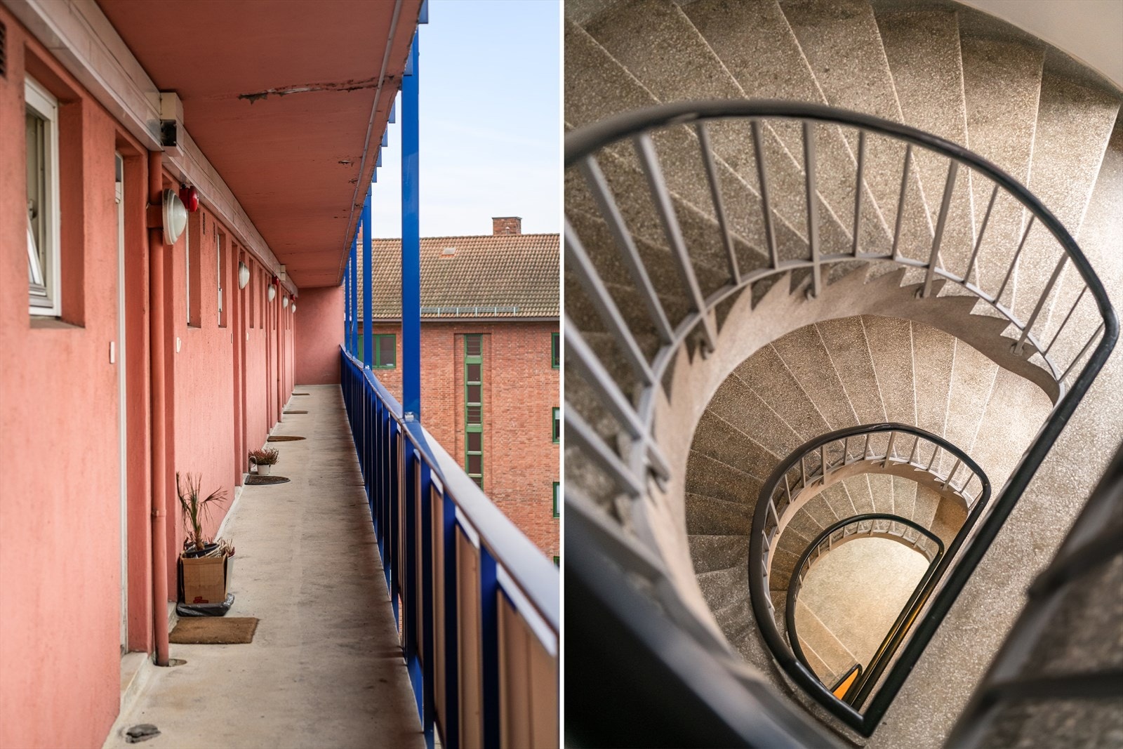 Adkomst til leiligheten fra utvendig svalgang med morgensol. Galleribilde