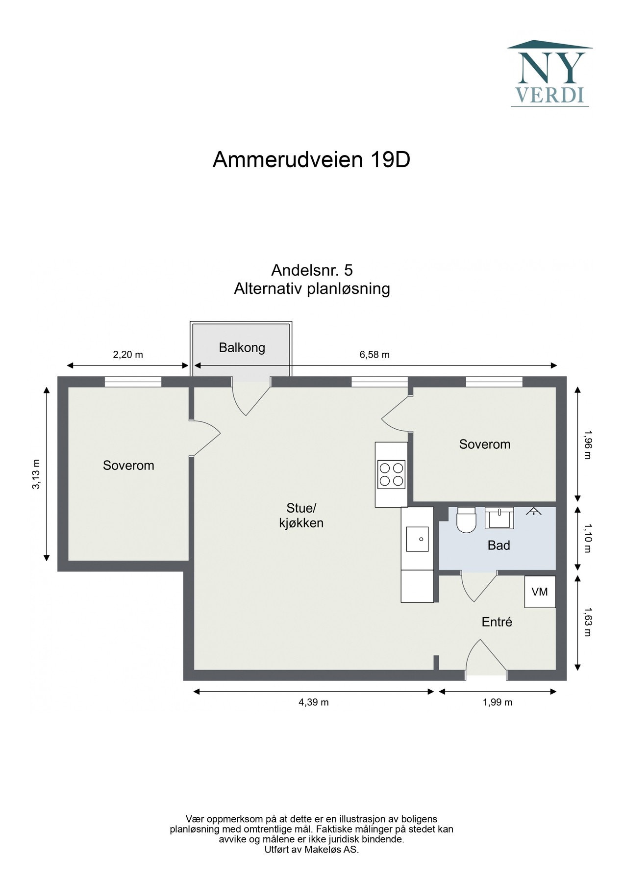 Dersom du har behov for et soverom nr. 2, kan kjøkkenet eksempelvis flyttes ut i stuen. En slik løsning vil trolig kreve en pumpeløsning. Plantegningen er kun ment som inspirasjon, og det er den enkeltes ansvar å undersøke om, og eventuelt hvordan, løsnin Galleribilde