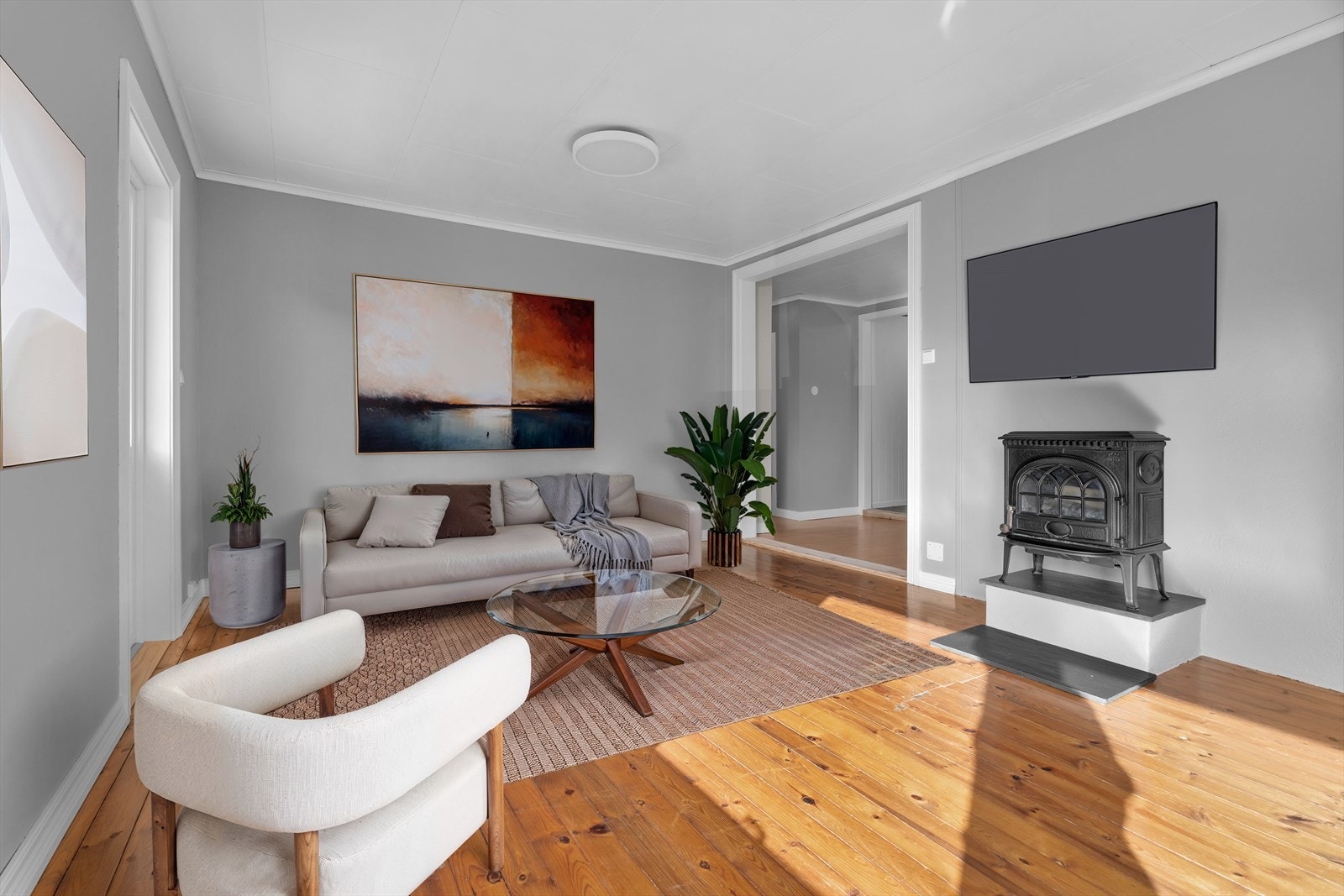 Stue med flere møbleringsmuligheter. Stuen er digital stylet og møblert. Galleribilde